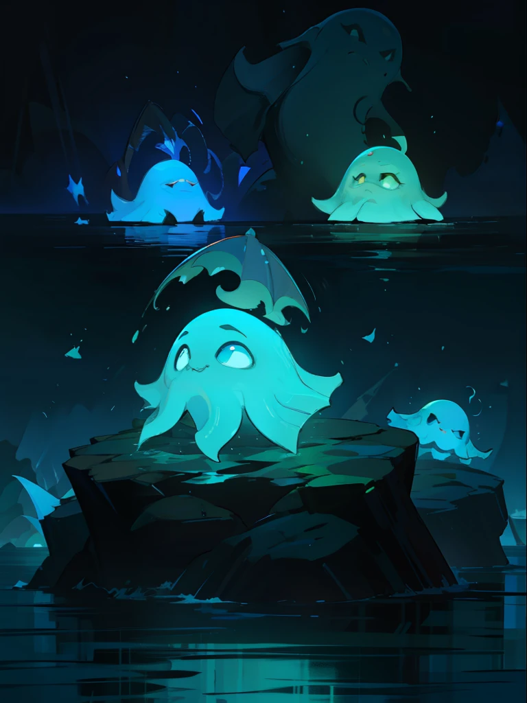 best qualtiy，tmasterpiece，Need，（（Water attribute Ocean Cthulhu creatures）），flash lights，guarding，supporting，Hearthstone painting style，Funny expressions，Complex structures，Marine color scheme，Non-human（Metal quantity 1.2），Flattening（1.4），Textured，Dark simple background