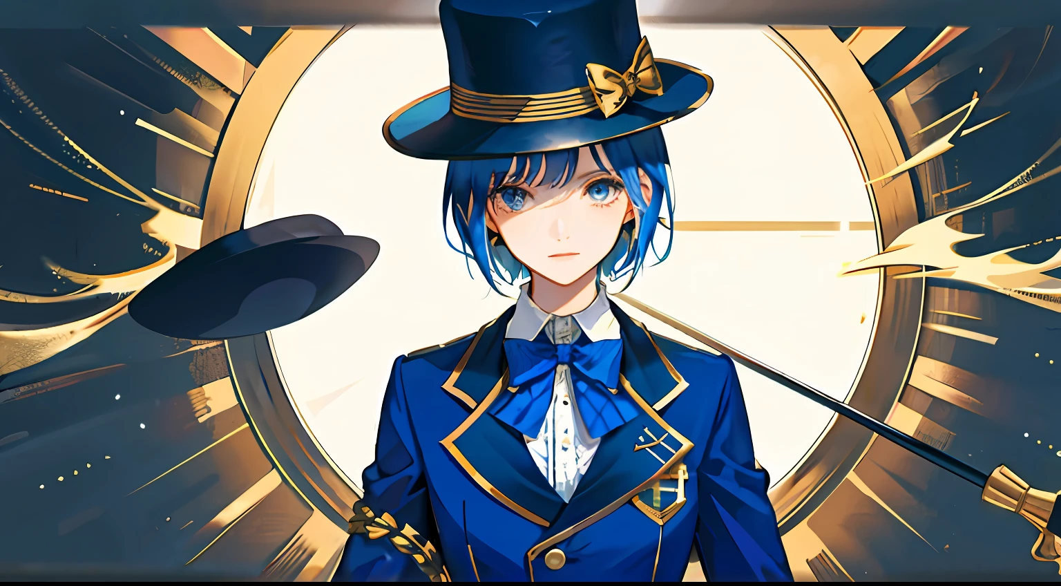 1girll, Jack badge,English blue suit,bowler hat,blue short hair,Gold accents,Cane,Domineering