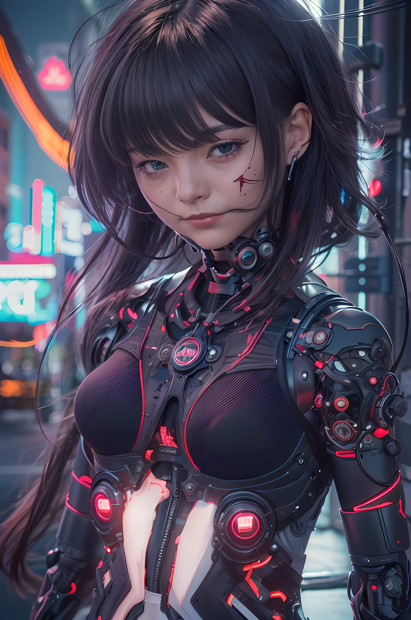 Top Quality, Masterpiece, Ultra High Resolution, ((Photorealistic: 1.4), Raw Photo, 1 cyberpunk Girl, Black Hair, Glossy Skin, 1 Mechanical Girl, (Ultra Realistic Details)), Global Illumination, Shadows, Octane Rendering, 8K, Ultra Sharp, Cleavage Exposed, Metal, Intricate Ornament Details, Egyptian Details, Very intricate details, realistic light, CGSoation trend, facing the camera, neon details, mechanical limbs, blood vessels connected to the tube, mechanical vertebrae attached to the back, mechanical cervical attachment to the neck, wires and cables connecting to the head, evangelion, small glowing LED lamps, (dazzling Cyberpunk cityscape in background).