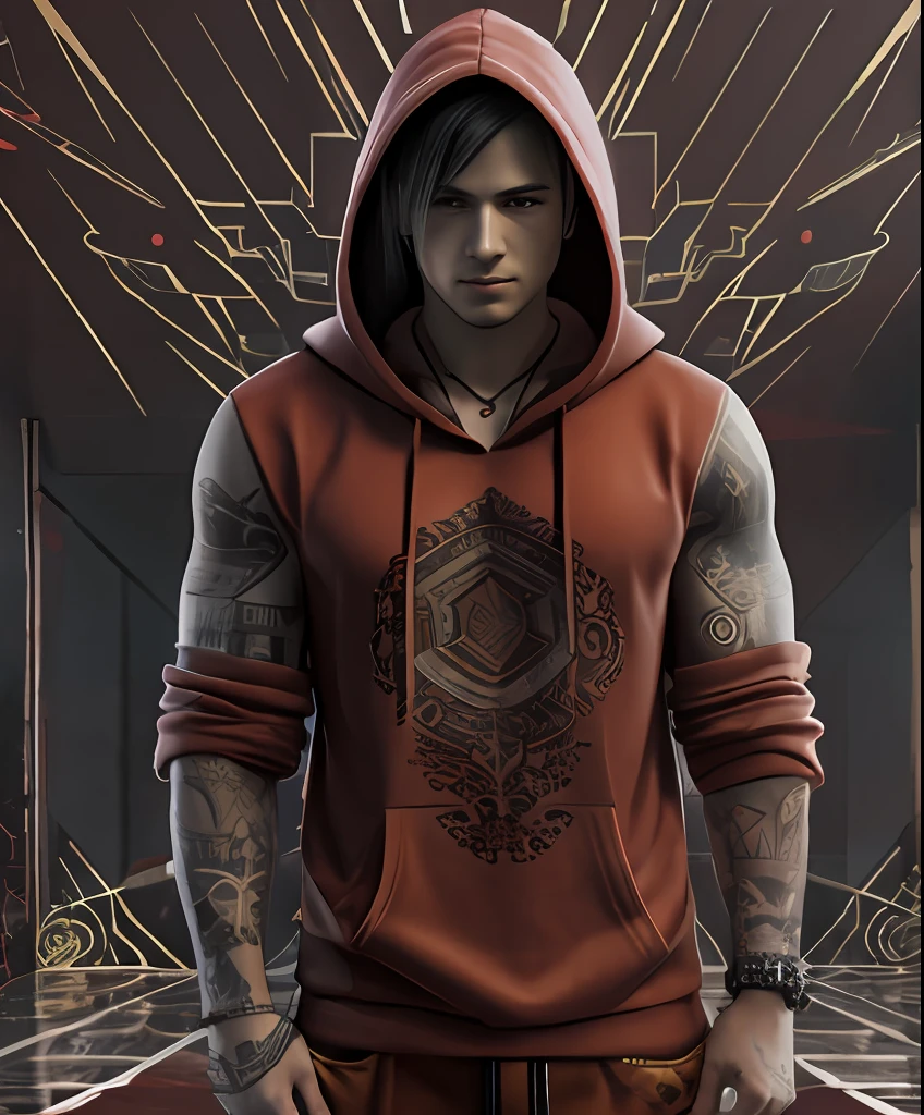 3D render CG render realistic portrait of the character, handsome modern young man in a red modern hoodie with tribal tattoos on muscular arms in the style of Final Fantasy --niji 5 --style expressive --ar 2:3, Epic, Low key