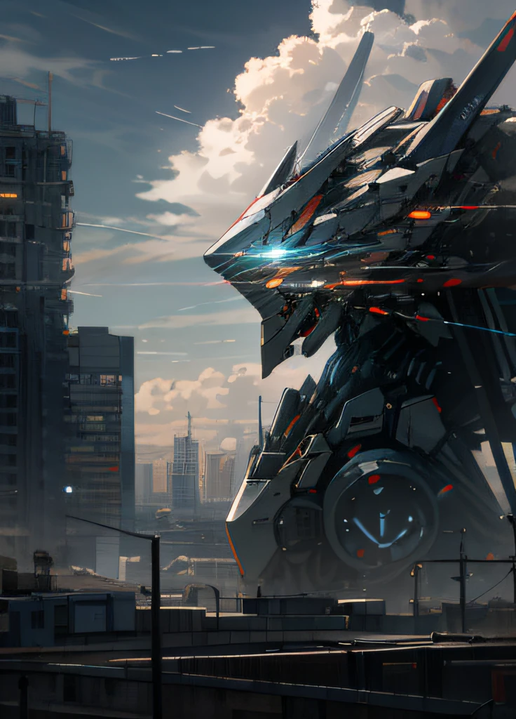 sky, cloud, holding_weapon, no_humans, glowing, , robot, building, glowing_eyes, mecha, science_fiction, city, realistic,mecha