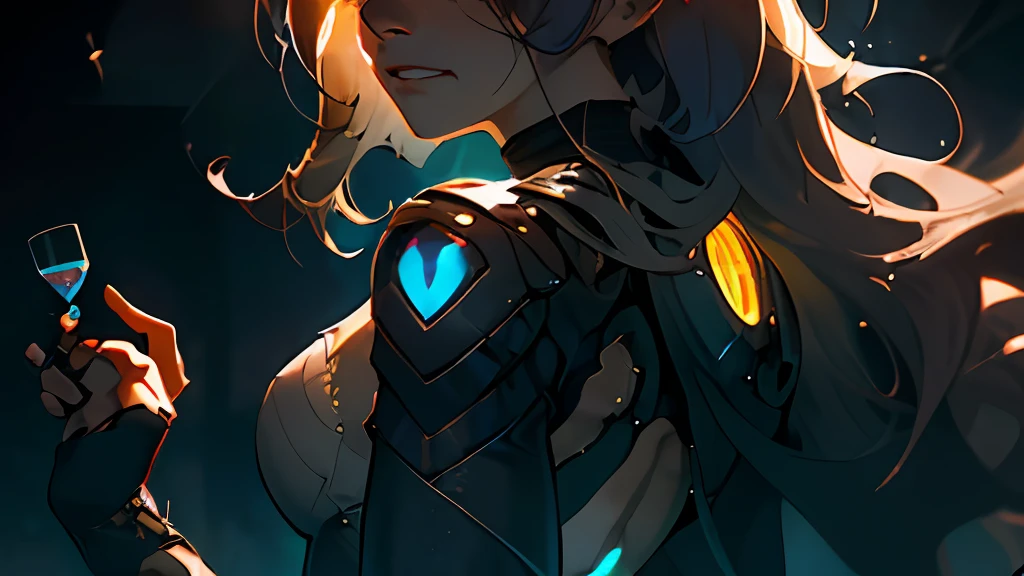 (beste-Qualit, tmasterpiece), a 1girl, ciberpunk, particle, the wind, looks at the viewer, back light, upper-body, the pose, dark flowing hair and yellow eyes, slight smile, tears in eyes, Glass eyes, Farewell atmosphere