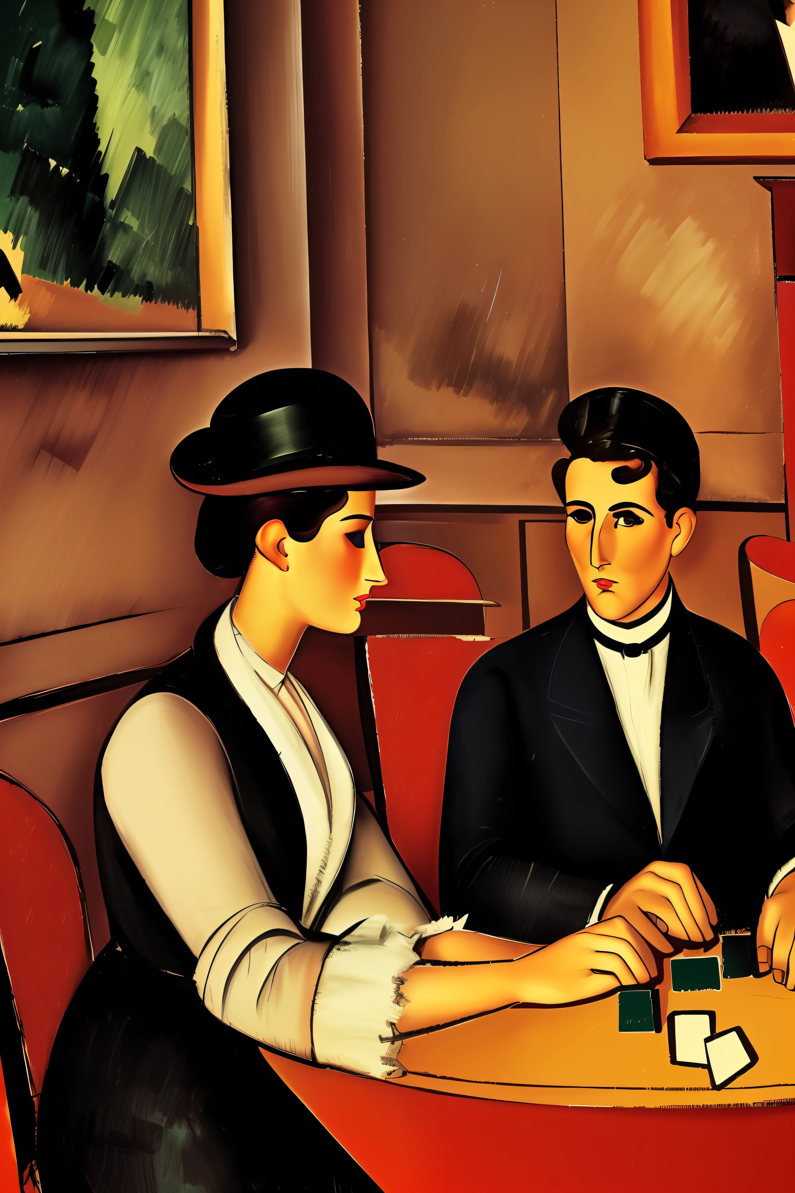 4 characters play cards in a Paris café in the early 20th century, los invitados son ((characters from the works of Amedeo Modigliani seated according to the composition of the image to be generated , otros personajes de pie en el fondo o a los lados))cinematography lighting, ultra detallado, Pintura digital, Artstation, arte conceptual, Suave, foco nítido, 插圖, (piel alta y detallada:1.2), 8k UHD, DSLR, Soft lighting, alta calidad, Film grain, Fujifilm XT3 mix4 Wildstyle RAW foto,