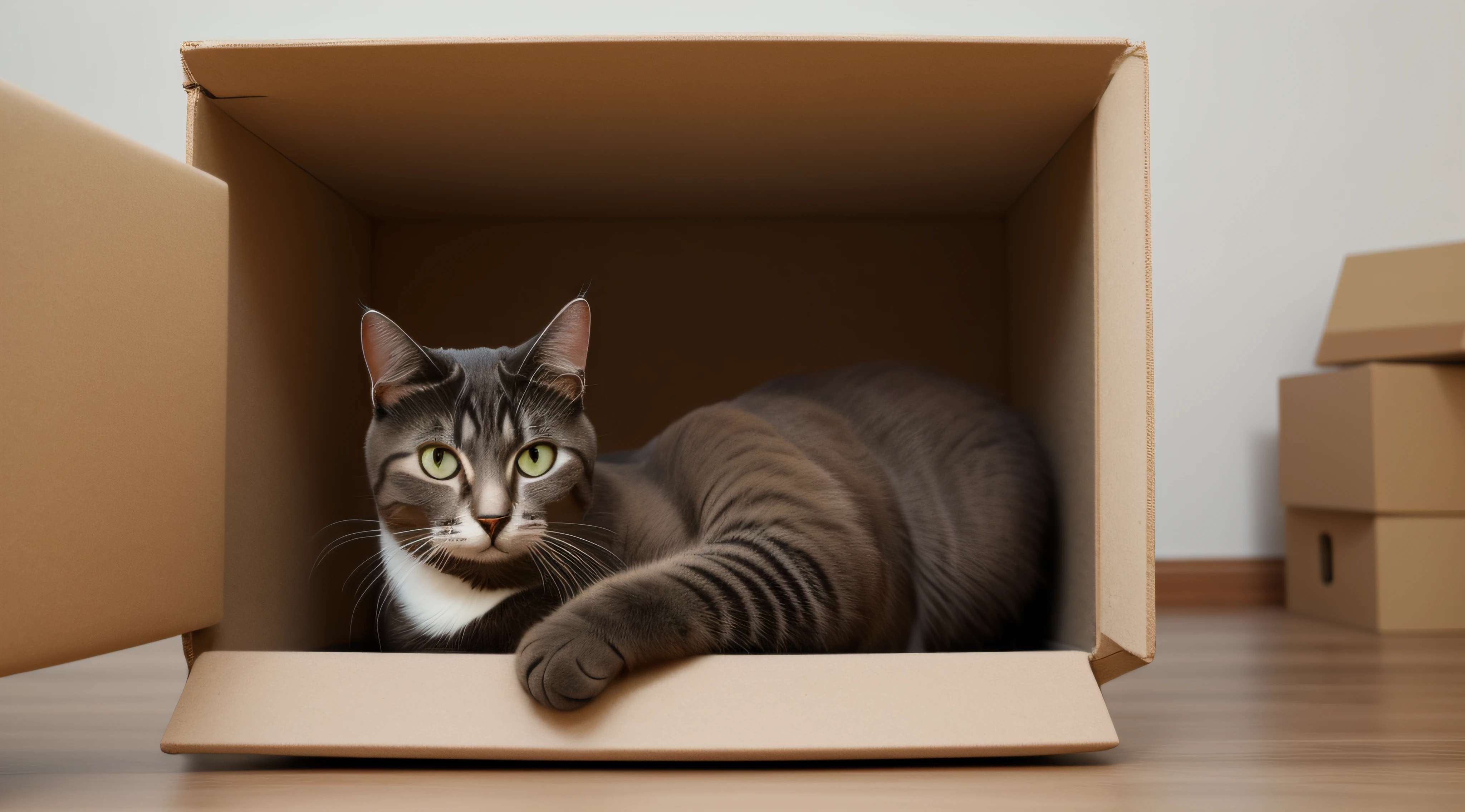 Recreation of the cat if Schrodinger inside the box, realista, detalhado, 4k