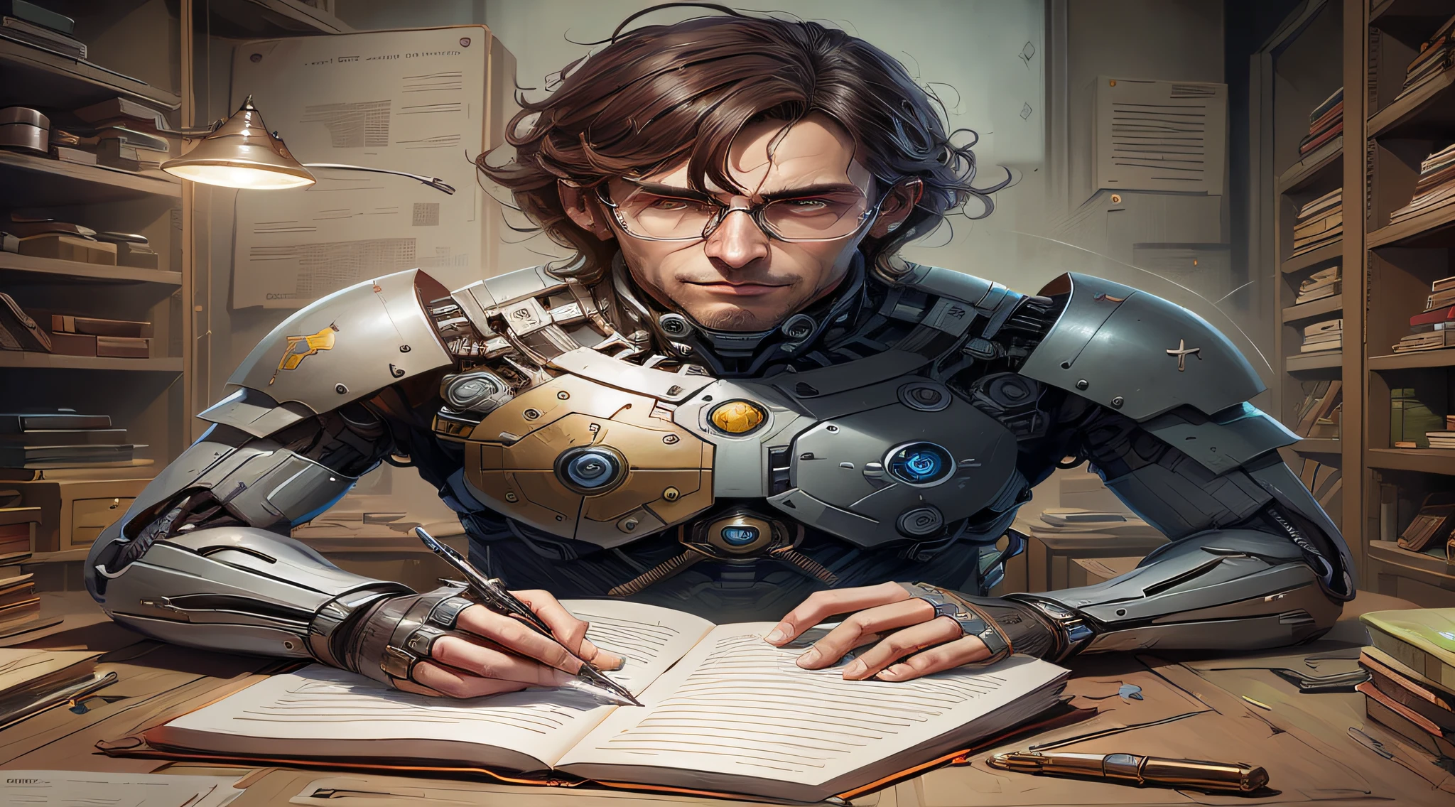 There's a man in a suit sitting at a table with a book, retrato do livro do RPG, arte do jogo de RPG, Wojtek FUS, Retrato detalhado de um ciborgue, Sci-Fi Digital Art Illustration, Epic portrait illustration, realistic fantasy illustration, stunning digital illustration, Epic Sci - Arte do Personagem de Fi:, Epic Sci-Fi Character Art, epic digital art illustration