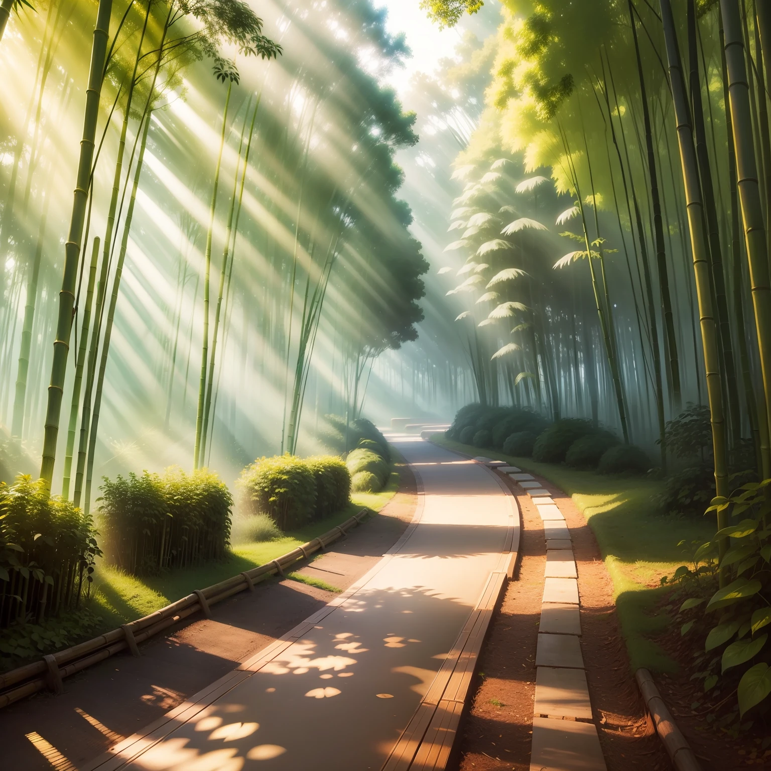 bamboo forrest,rays of sunshine,path,Peaceful