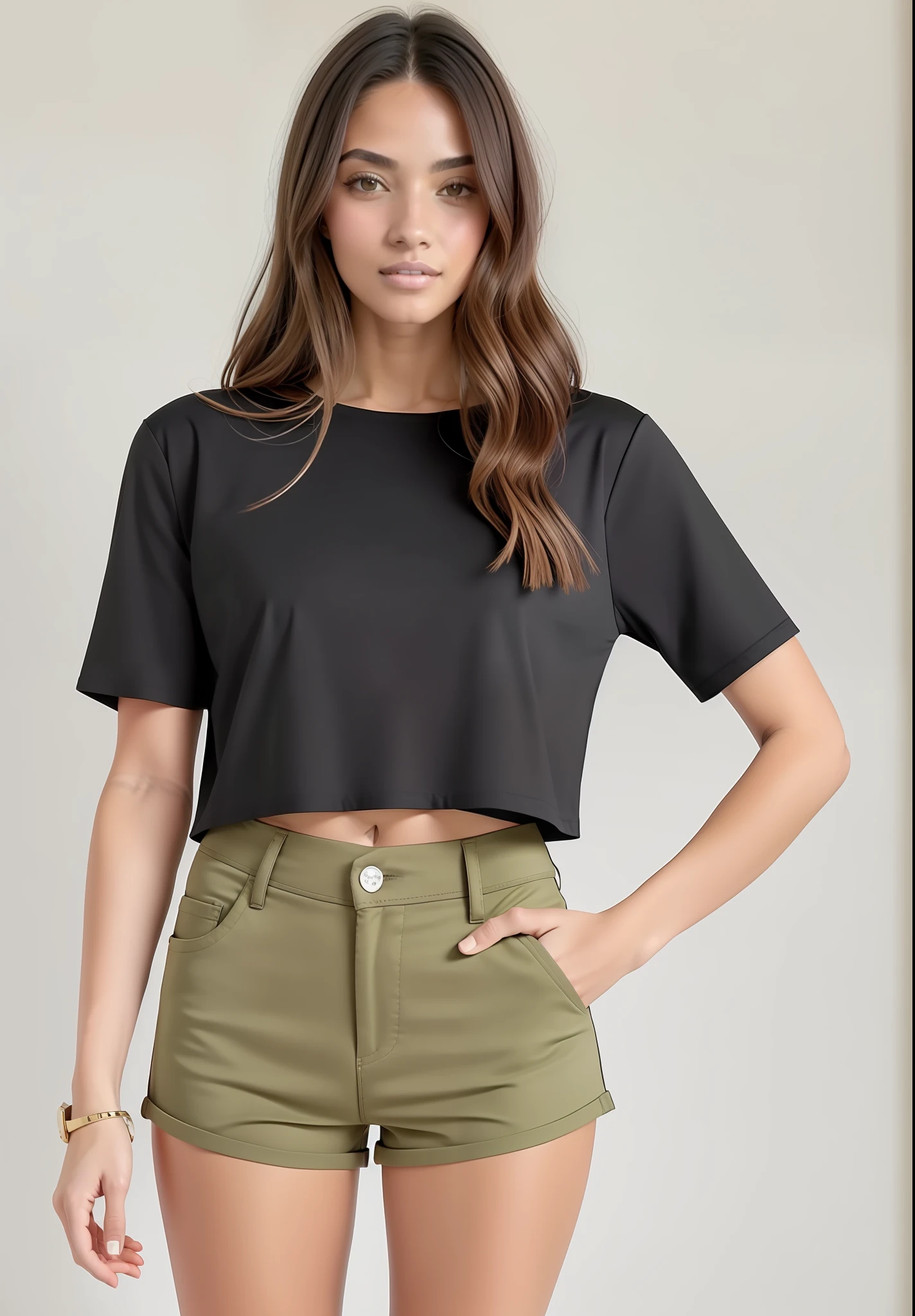 A woman in a black top and khaki shorts posing for a photo, usando um top cropped justo, usando um top cropped justo, usando um top cropped sexy, topo de corte, usando um topo de corte, usando topo de corte, com corte rasgado t - camisa, Topo de colheita, physical : tinyest midriff ever, tinyest midriff ever, vestindo shorts curto e camiseta justa