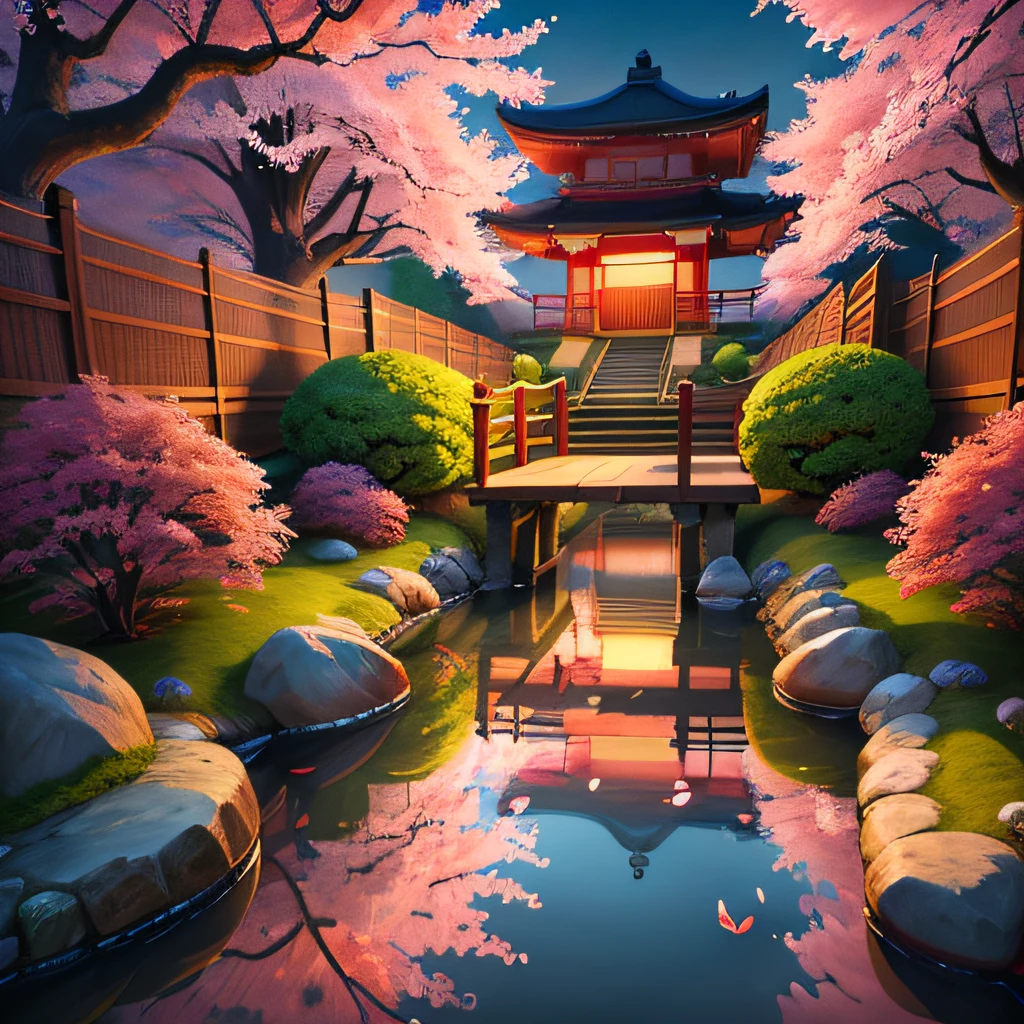 (digital painting),(best quality), serene Japanese garden, cherry blossoms in full bloom, koi pond, footbridge, pagoda, Ukiyo-e art style, Hokusai inspiration, Deviant Art popular, 8k ultra-realistic, pastel color scheme, soft lighting, golden hour, tranquil atmosphere, landscape orientation