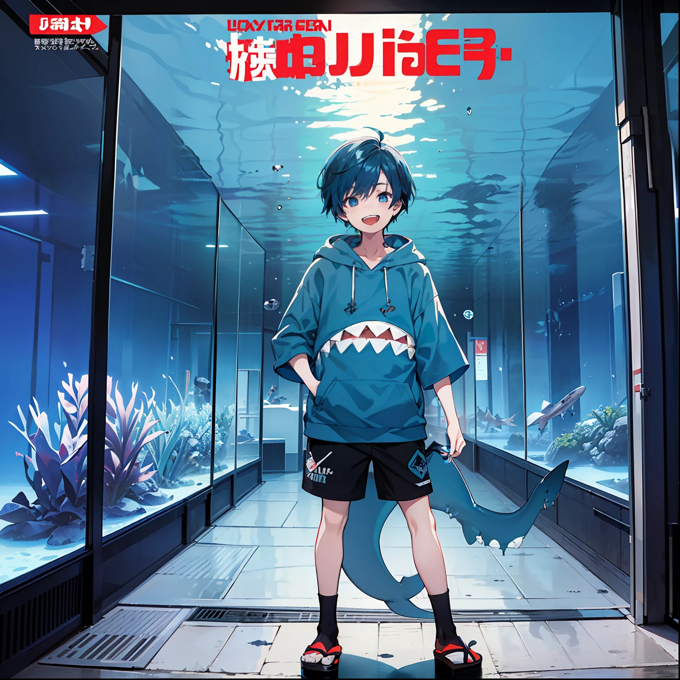 masterpiece, best quality, full body, (1boy), (Wearing a blue shark tail hoodie), (boy smiling shark teeth), (Boy Messy Japanese Round Haircut for Thick Hair), (blue nails), (blue hair), black shorts, ((solo)), (magazine:1.3), (cover-style:1.3), fashionable,Under water, (in side tunnel aquarium),