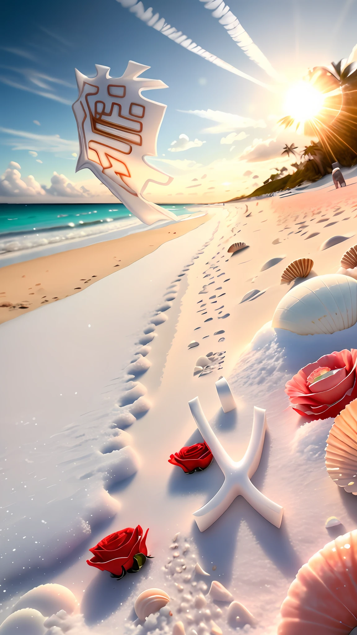 delicate scene,depth of field, 8K, The ivory sky,white clouds,and sunlight shine on the snow-white beach. The coral sea,and many colorful tinny shells on the beach,red roses, roses focus,