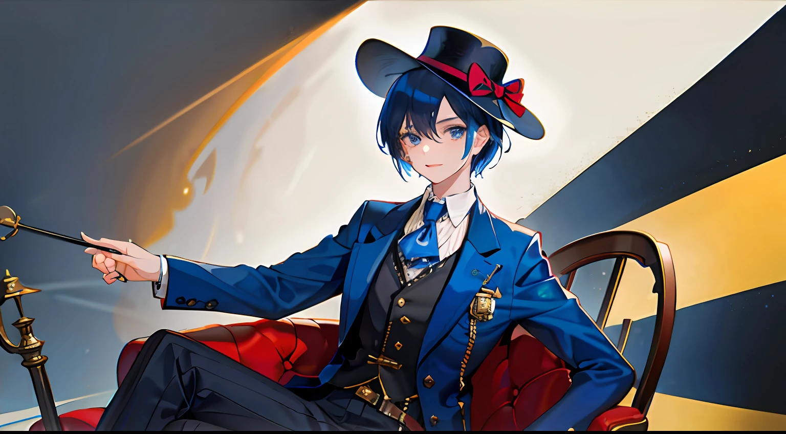 1girll, Jack badge，English blue suit，bowler hat，blue short hair，Gold accents，Cane，Domineering