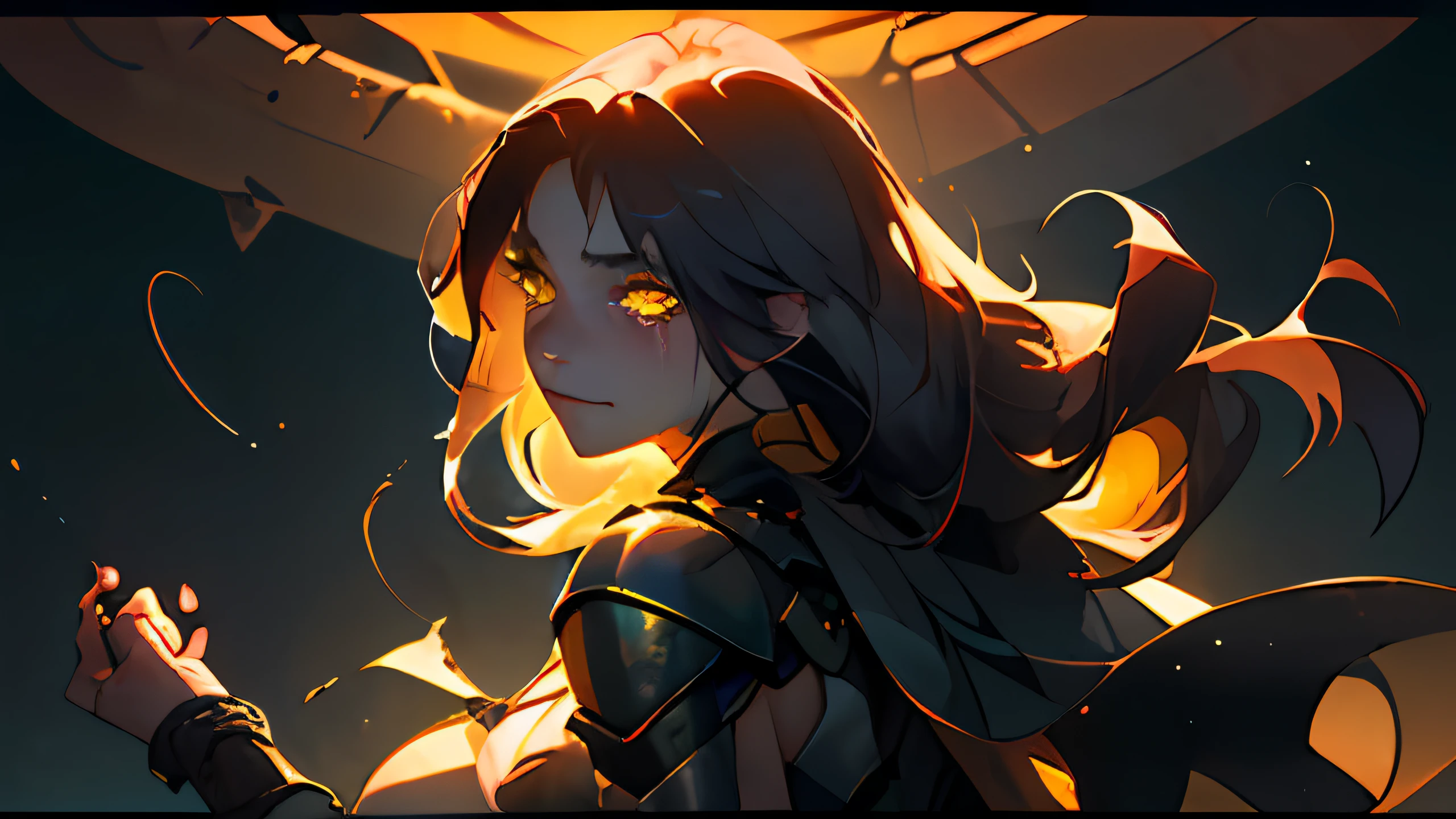 (beste-Qualit, tmasterpiece), a 1girl, ciberpunk, particle, the wind, looks at the viewer, back light, upper-body, the pose, dark flowing hair and yellow eyes, slight smile, tears in eyes, Glass eyes, Farewell atmosphere