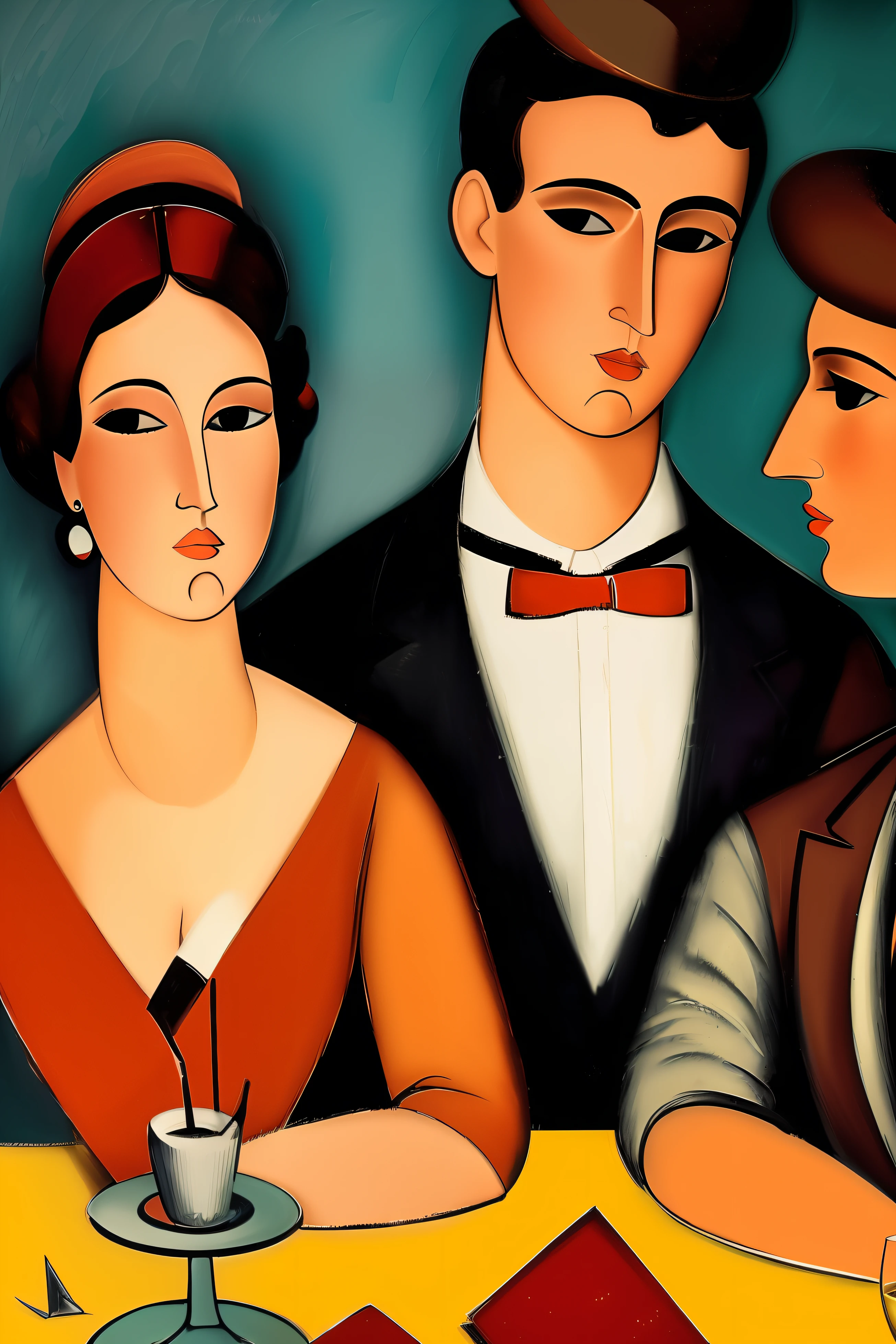 4 personajes femeninos y masculinos , Gala dresses toast with champagne in a Paris restaurant in the early 20th century, los invitados son ((characters from the works of Amedeo Modigliani seated according to the composition of the image to be generated , otros personajes de pie en el fondo o a los lados))cinematography lighting, ultra detallado, Pintura digital, Artstation, arte conceptual, Suave, foco nítido, illustration, (piel alta y detallada:1.2), 8k UHD, DSLR, Soft lighting, alta calidad, Film grain, Fujifilm XT3 mix4 Wildstyle RAW foto,