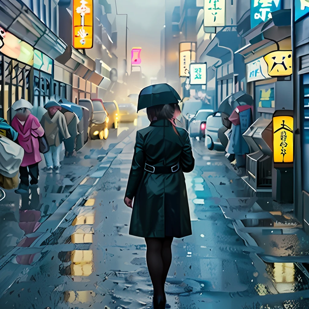 (best quality, masterpiece: 1.3), 1girl, rainy day, fog, alley, umbrella holding, large and transparent umbrella, looking at the viewer, blue hair, facing the photo, cyberpunk city, alone in the alley, neon in the alley, very reflective city, long hair, sized strands going over the alley, bars, Japan, Tokyo, garter belt on one leg, knee pad on the other leg, perfect hand, delicate, night