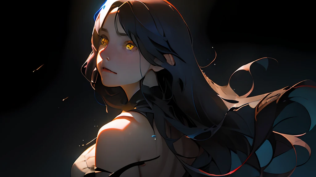 (beste-Qualit, tmasterpiece), hyper-realistic realistic texture, Masterpiece, Unreal Engine 5, extremely detailed CG unity 8k wallpaper, Realistic eyes, Madly detailed photo, (ecstasy of light and shadow, deep shadow), a 1girl, ciberpunk, particle, the wind, looks at the viewer, back light, upper-body, the pose, dark flowing hair and yellow eyes, slight smile, tears in eyes, Glass eyes, Farewell atmosphere