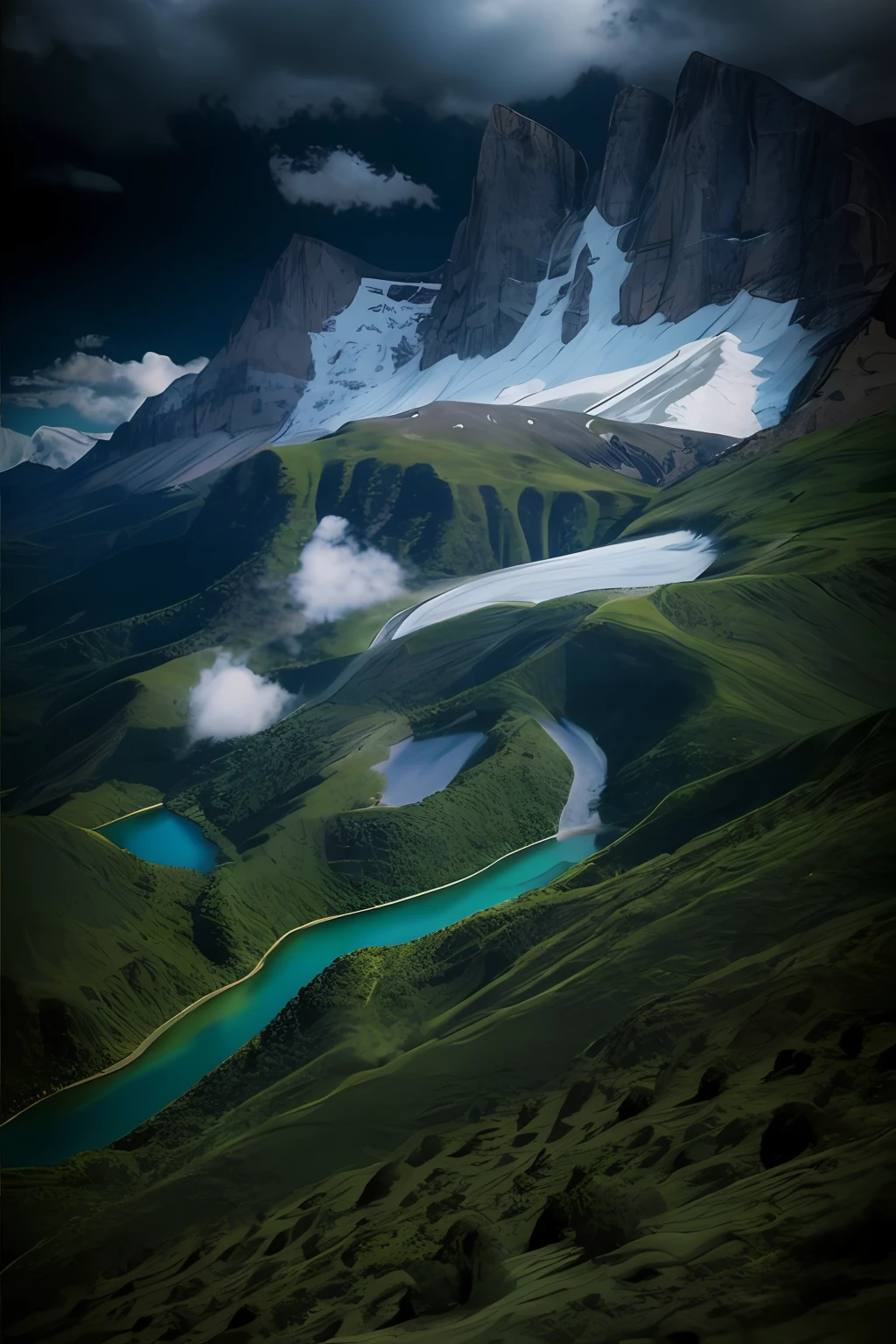 mountain peaks，rios，Meandering，Clouds，(Complicated details)，hdr，(Complicated details，ultra - detailed:1.2)，Cinema lenses，Vignette，at centre