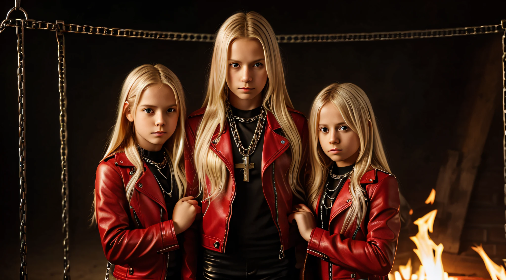 A half body, portrait of 3 girls German children long platinum blonde hair of 12 years, red leather jackets, holding in their hands a cross, background of chains, chain, more chains, many chains, , red, red fire, many background flames.