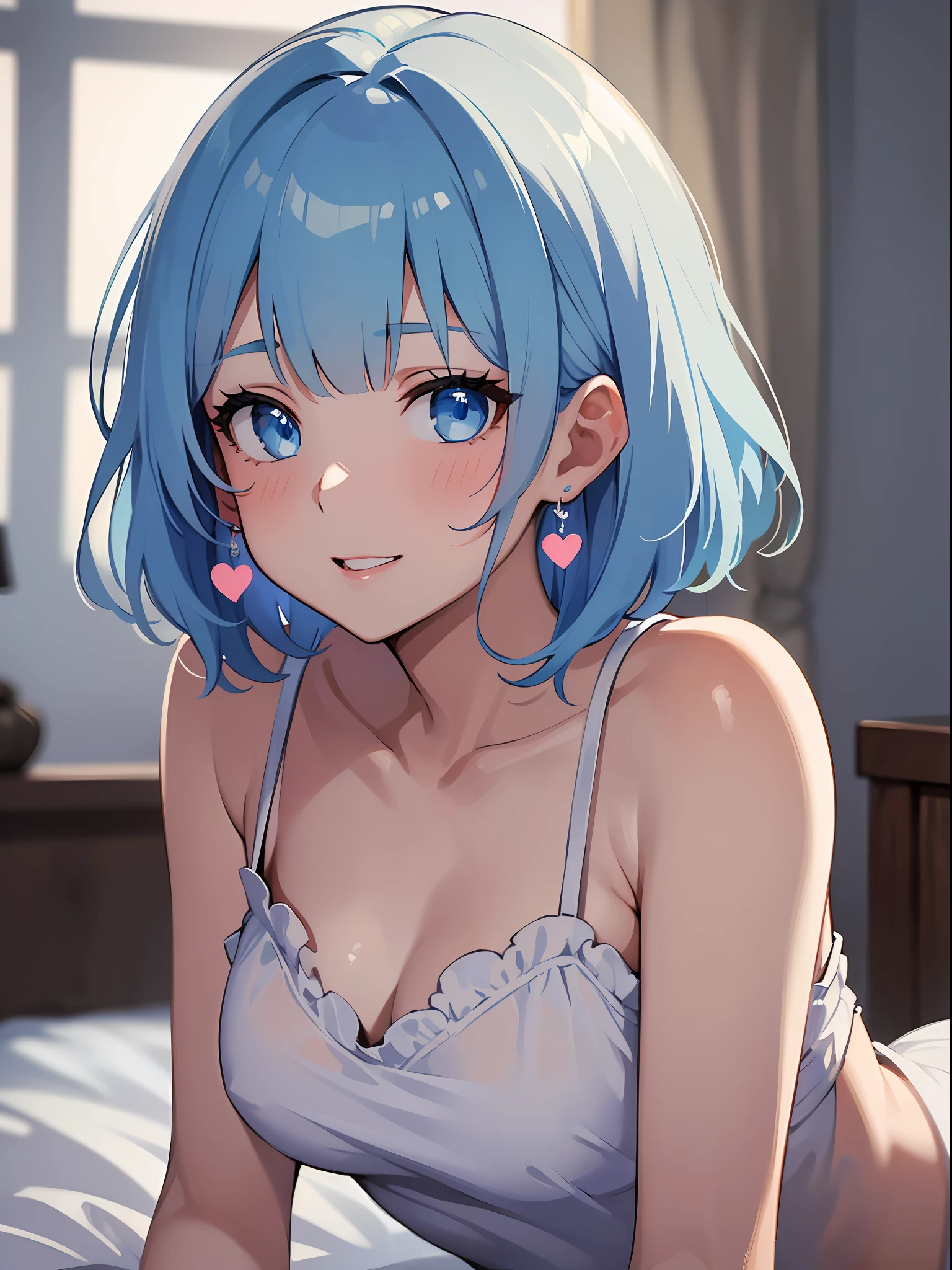 (masterpiece:1.3), (best quality:1.3), high resolution, 


couboy shot, 
leaning forward, on bed, body facing forward, 

(one cute girl:1.3), solo, 
white skin, small Breast, eight-headed person, 
light blue hair, (bobbed hair:1.2), (short hair:1.2), (blunt bangs:1.2), beautiful hair, blue eyes, beautiful detailed eyes, 

blush, seductive smile, heart, 

camisole, white and blue clothes, earrings, 

indoors, white room, bed, 

shadowlighting,