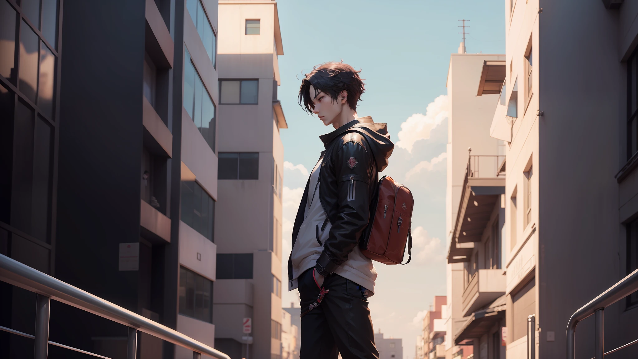 top-quality、​masterpiece、Anime character standing on the street of the city in the middle of the city, Anime Art Wallpapers 8K, Anime Style 4k, Anime wallpapers 4 K, anime wallpaper 4 k, anime art wallpaper 4k, anime art wallpaper 4k, 4K Anime Wallpapers, Badass Anime 8K, anime styled.in 8K、Guweiz-inspired artwork、anime style cityscape、Profile of Bishonen