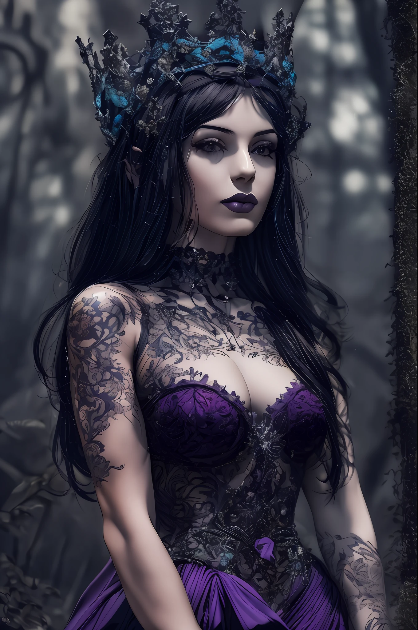 bela mulher tatuada, cabelos curtos preto, corpo inteiro, Gothic purple and black dress, luvas de rena preta, On his neck a crown of void, gotic, belissimo, mais alta qualidade, 8k, ao fundo uma floresta escura, com borboletas iluminadas