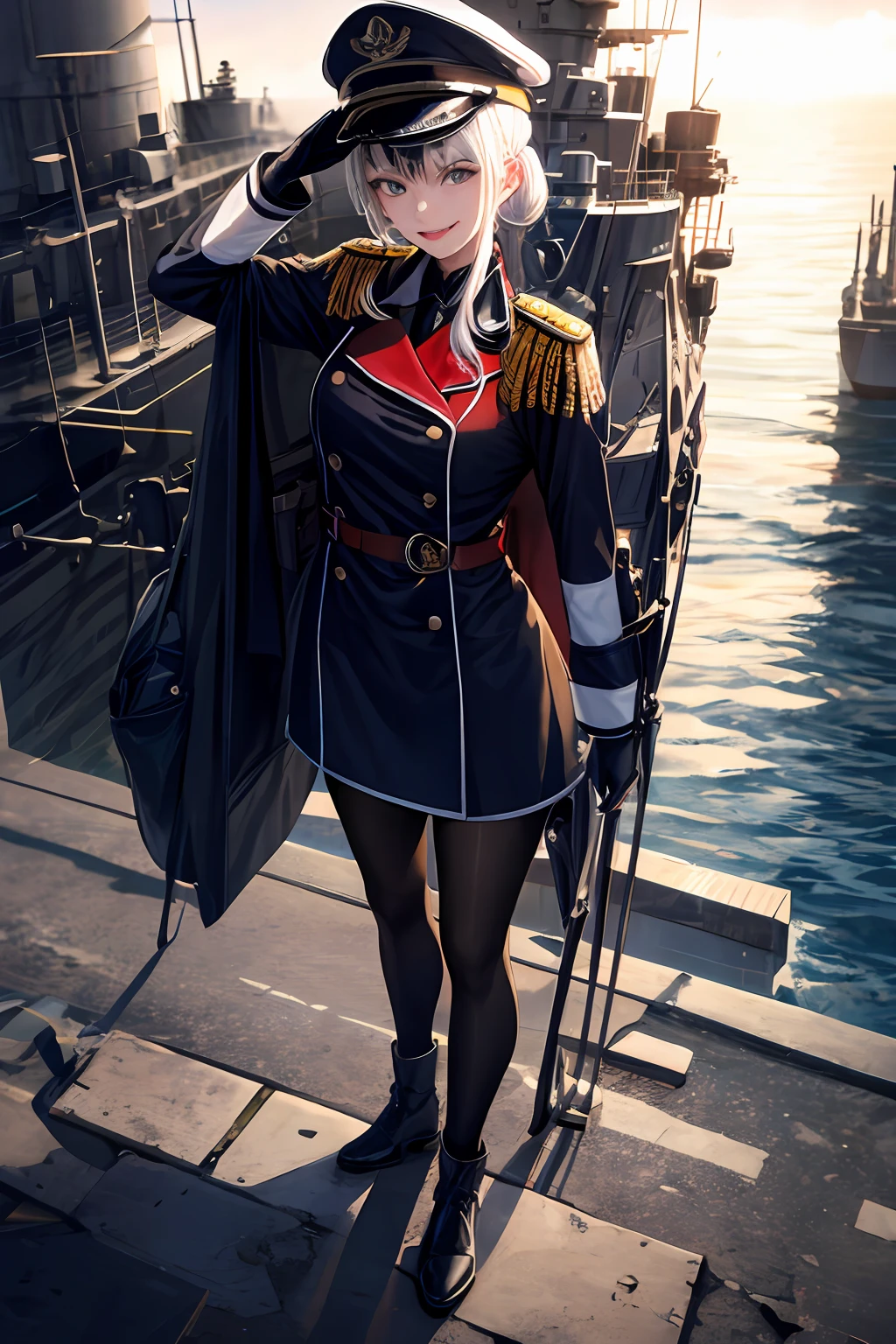 {{highest quality, masterpiece}, High detail RAW color photo professional close-up photo, photo realism, {highest quality}, {best shadow}, {best illustration}, ultra high resolution, highly detailed CG unified 8K wallpapers, physics-based rendering, cinematic lighting},full body, 1 girl, white naval Uniforms, Salute Pose, standing upright, (backgroud is On the Metal battleship), Metal battleship In the distance, smile, v-shaped eyebrows, sea,looking viewer, , cute, , (ahegao:1.1)