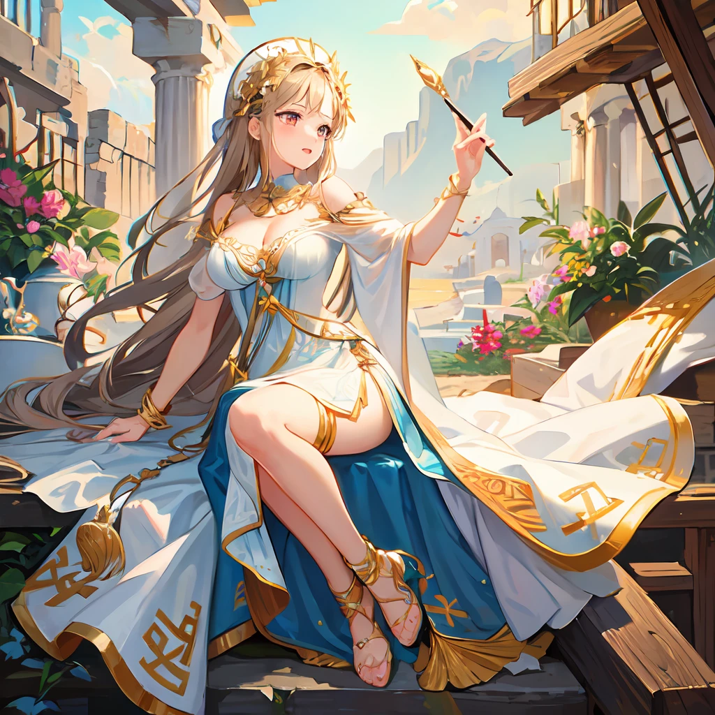 (Greek goddess), paintbrush, detailed background, canvas, full body, detailed dress