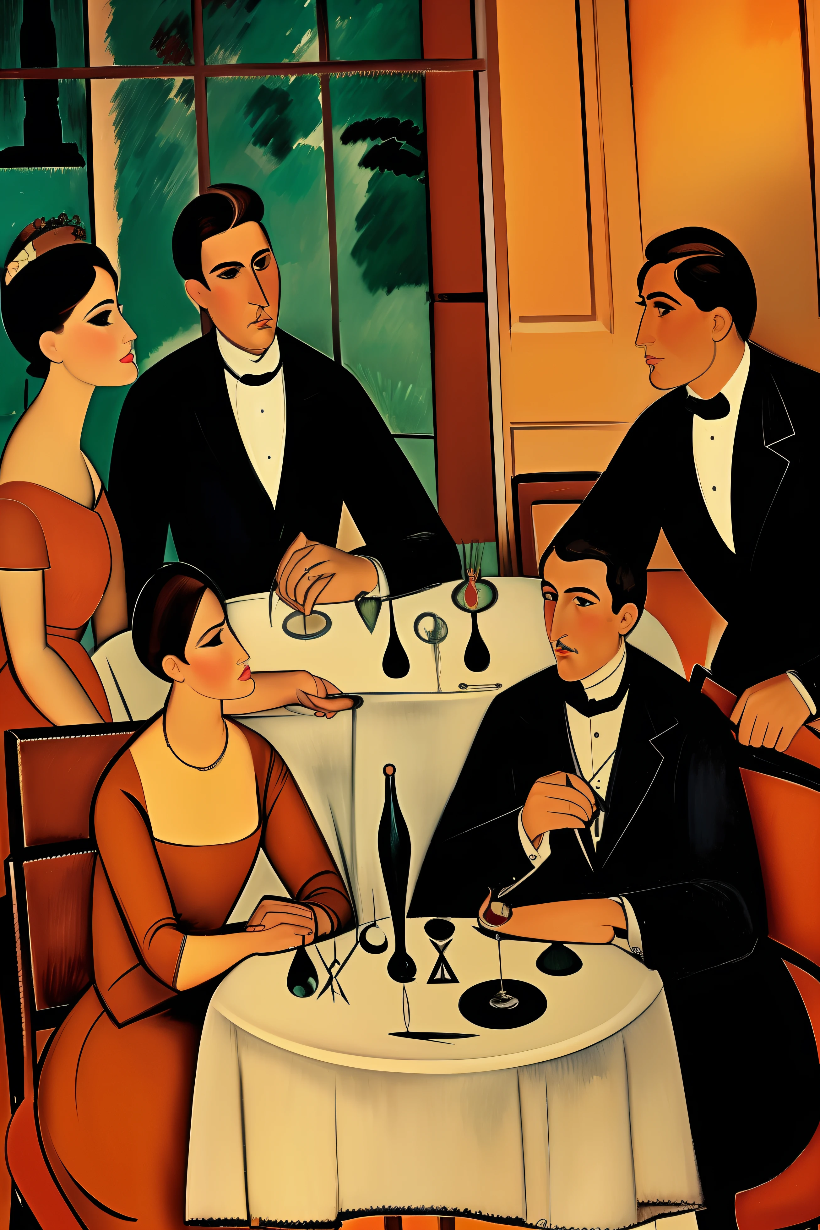 4 personajes femeninos y masculinos , Gala dresses toast with champagne in a Paris restaurant in the early 20th century, los invitados son ((characters from the works of Amedeo Modigliani seated according to the composition of the image to be generated , otros personajes de pie en el fondo o a los lados))cinematography lighting, ultra detallado, Pintura digital, Artstation, arte conceptual, Suave, foco nítido, illustration, (piel alta y detallada:1.2), 8k UHD, DSLR, Soft lighting, alta calidad, Film grain, Fujifilm XT3 mix4 Wildstyle RAW foto,