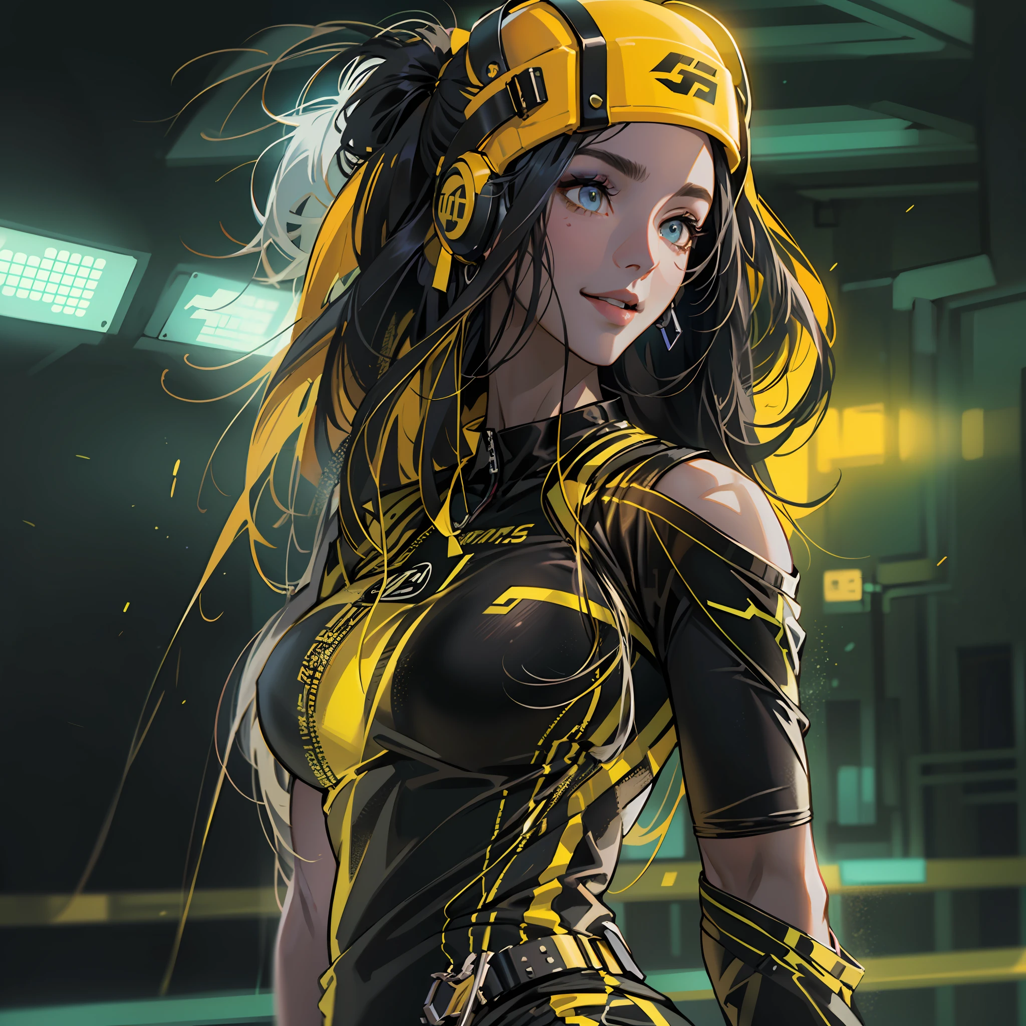 Best quality,tmasterpiece,Ultra-high resolution fills the picture,Inside the gym,Sporty girl,Night indoor black and yellow background color scheme,Neon lights,Sports tights,Sportswear,Yellow and black tracksuits,Liquid color matching clothing,the complex background,Weight instruments in the background,High-tech screen in the background,Lateral face,Smiling,Dress less,There are fitness elements in the rear,Nike brand,Tech gym,Various sports accessories,Various gym scenes,Perfect makeup,Love eyes,8K quality,Cyberpunk,sense of science and technology,Character backlighting,rim-light,Movement changes,Flowing hairstyle,Loose hairstyle,Silvery-white hair,The number of fingers is refined,Luminous stud earrings and luminescent digital necklace,Wear an electronic digital watch,Sports headphones,The most beautiful girl in mankind,Dye hair,Delicate close-up of the face,The overall picture is yellow and black, And the color scheme is realistic and realistic,Super light and shadow,Very good figure,English slogan neon,Runway lights