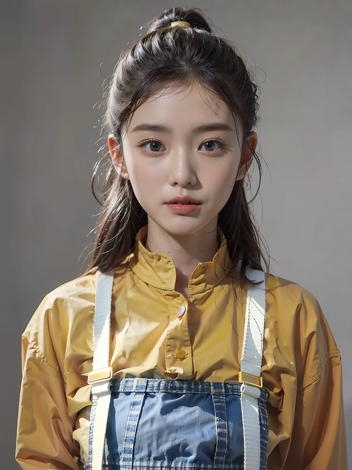 A 17-year-old Chinese female high school student,Wear denim suspenders,Light gray solid color background