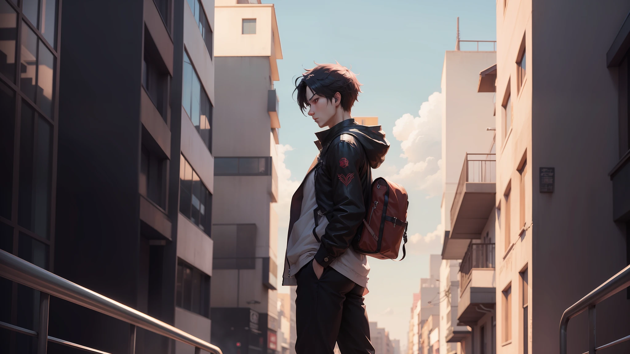 top-quality、masterpiece、Anime character standing on the street of the city in the middle of the city, Anime Art Wallpapers 8K, Anime Style 4k, Anime wallpapers 4 K, anime wallpaper 4 k, anime art wallpaper 4k, anime art wallpaper 4k, 4K Anime Wallpapers, Badass Anime 8K, anime styled.in 8K、Guweiz-inspired artwork、anime style cityscape、Profile of Bishonen