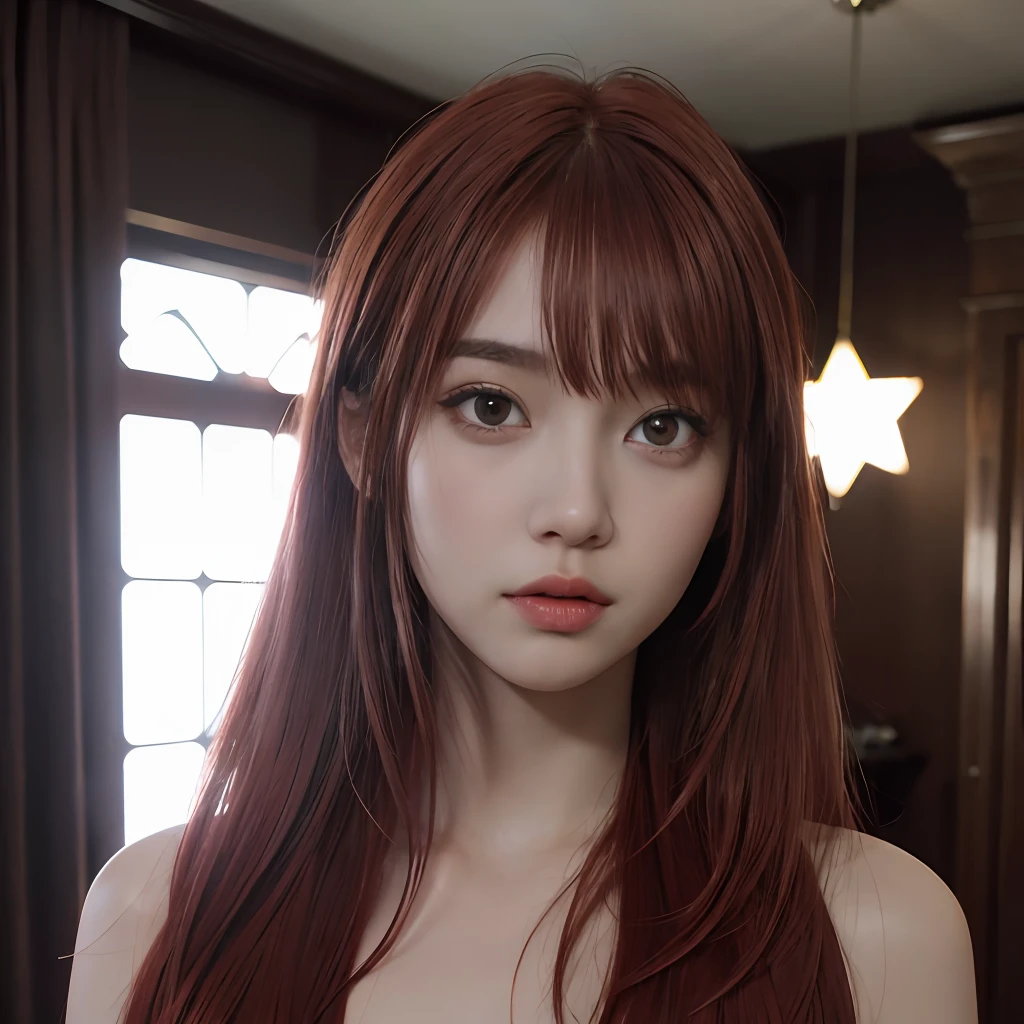 1girl, star eye, blush, perfect lighting, red hair, red eyes, side lighting, Detailed face, bangs, inside a house, realist