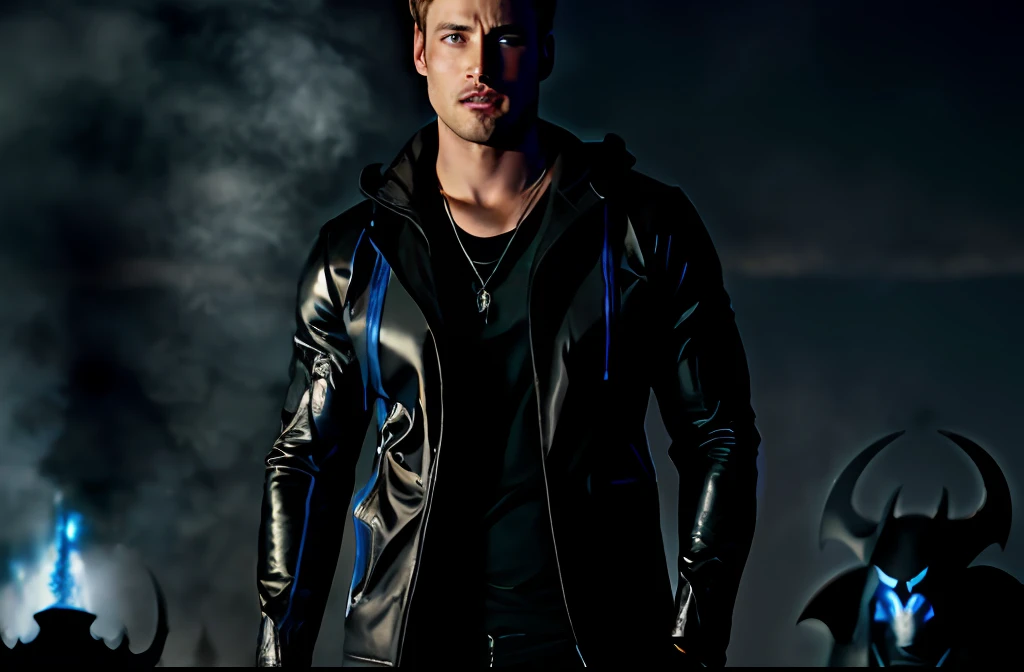 um homem (Justin Hartley) with a black jacket and a blue and white tag on his shirt and standing in front of the army of shadows, Shadow Army, foto realista, demonic army and dragon