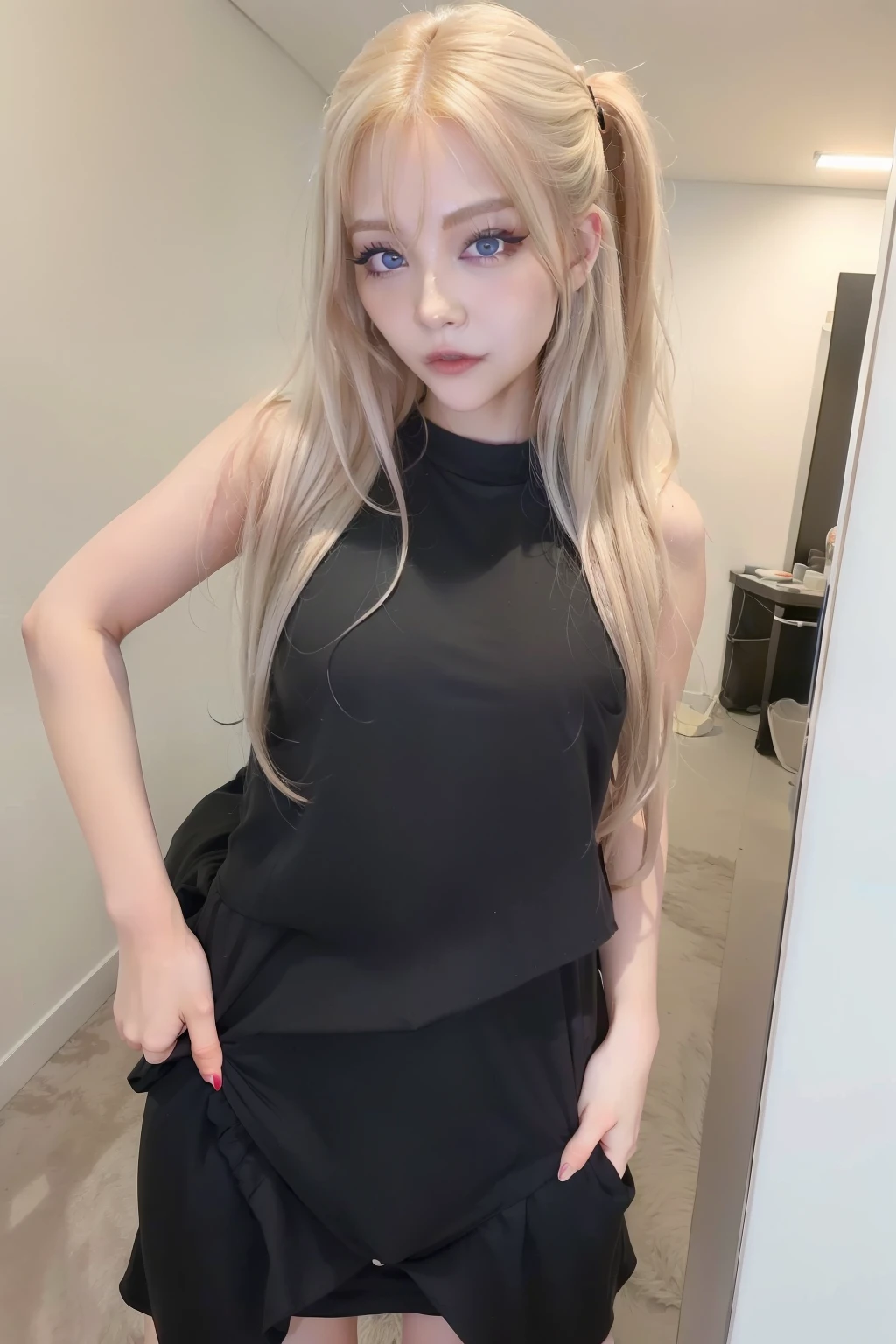 (8K、4K、Top image quality、hight resolution、超A high resolution:1.1)、(masterpiece、realisitic、Photorealsitic:1.1)、1girl in、faces、a closeup、Twin-tailed、blonde hair、black eyes、red-lips、(Look at viewers:2)、absurdly long hair、long eyeslashes、eyeshadows、a small face、big eye、
Naked
