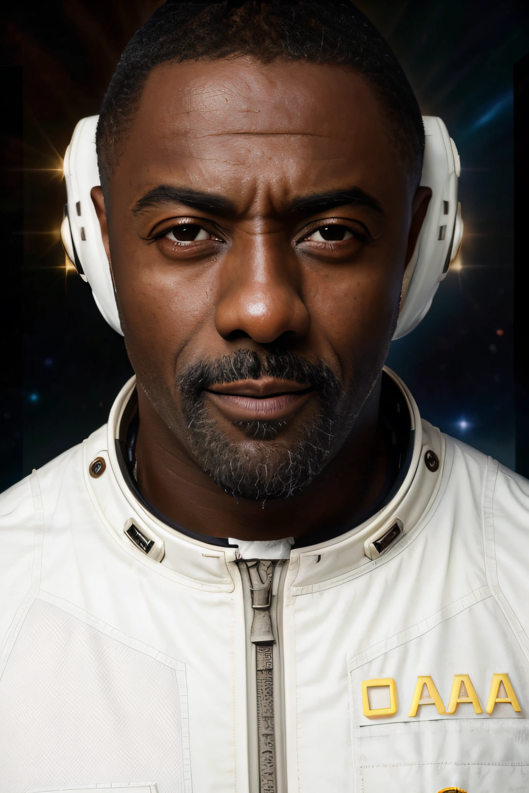 obra-prima, foto DSLR, analogue style, nikon d5, foto real, uma foto (average photo:1.3) of Idris Elba wearing a space suit in space, lighting dramatic (85mm), (detailedfacialfeatures), (olhos brilhantes detalhados), dinamic angle, Tom Hanks, estilo Ilya Kuvshinov