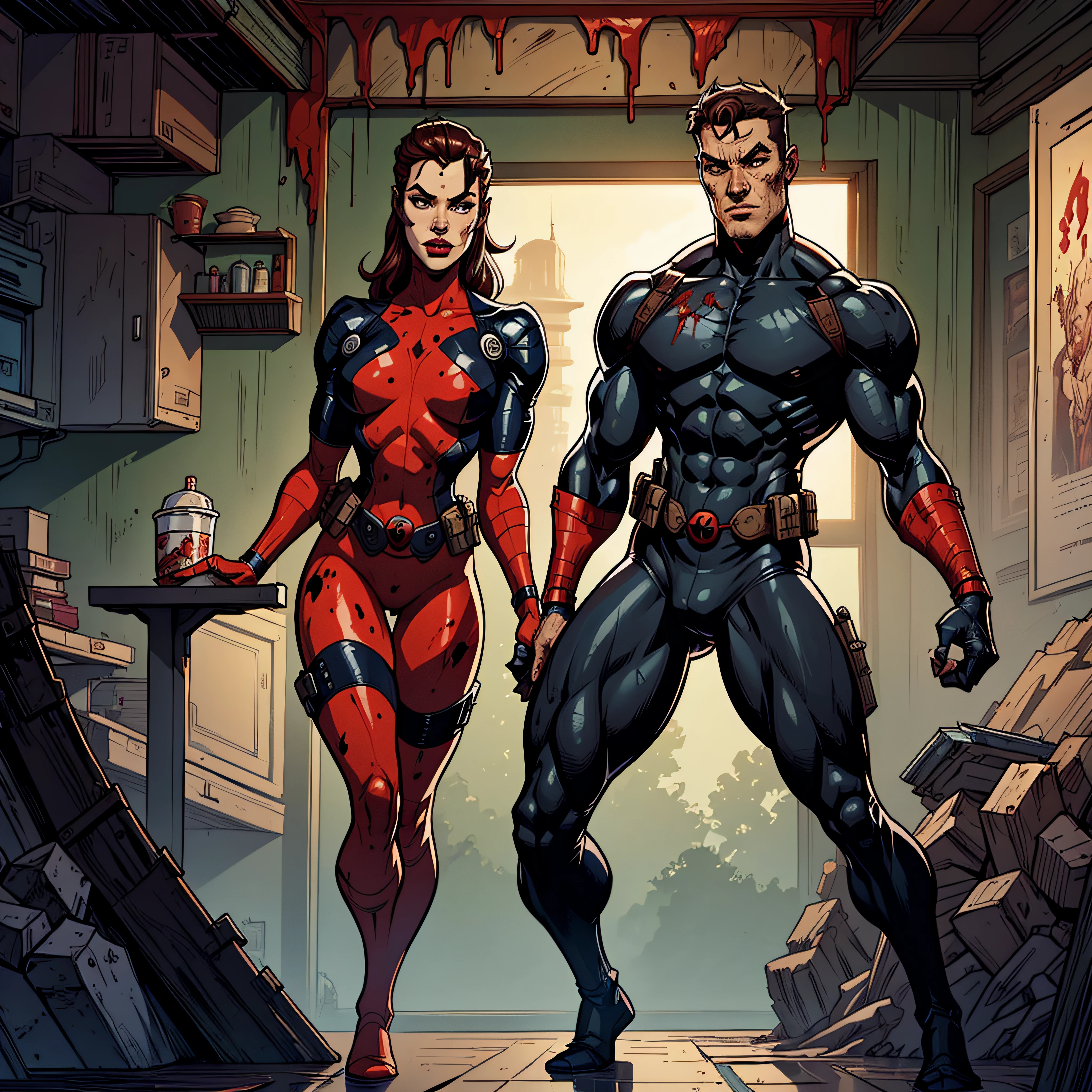 deadpool , lutando contra o Hulk:1.1 , seu corpo se parte ao meio durante a cena , movimentos de luta:1.2 , capa de revista:1.3 , hiper-realista , 8k , (Blood in the viewer's view:1.2) sombreamento , dark , (view of the viewer as if it were a page in quads:1.2)