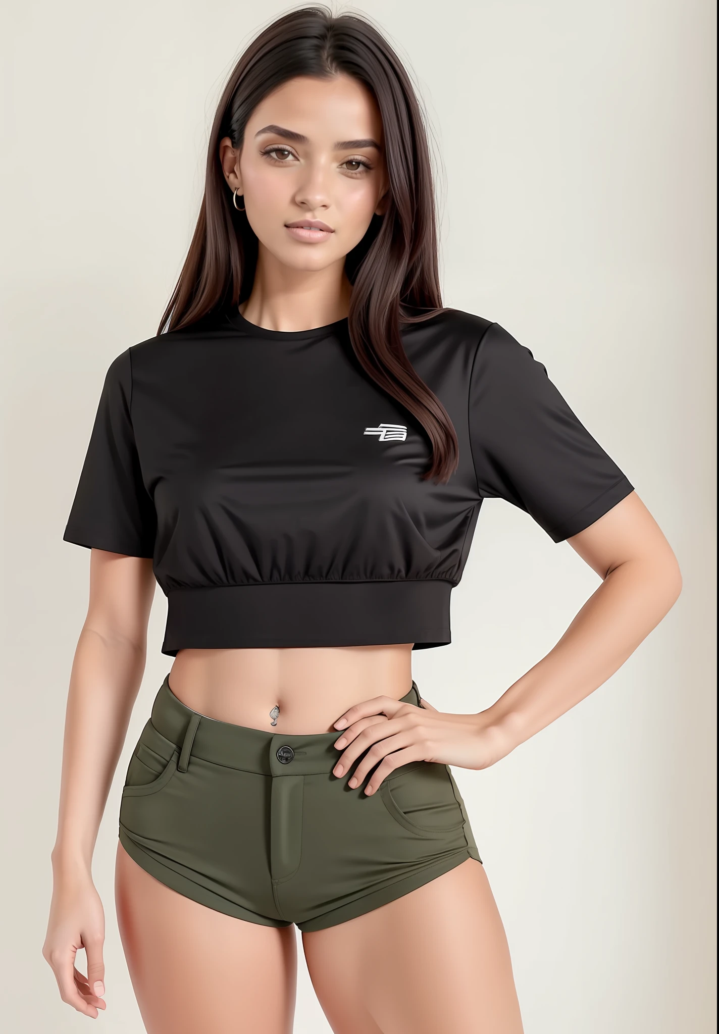 Uma mulher de top preto e shorts esportivo posando para uma foto, usando um top cropped justo, usando um top cropped justo, usando um top cropped sexy e justo, topo de corte, usando um topo de corte, usando topo de corte, com corte rasgado t - camisa, Topo de colheita, physical : tinyest midriff ever, tinyest midriff ever, vestindo shorts esportivo curto e camiseta justa