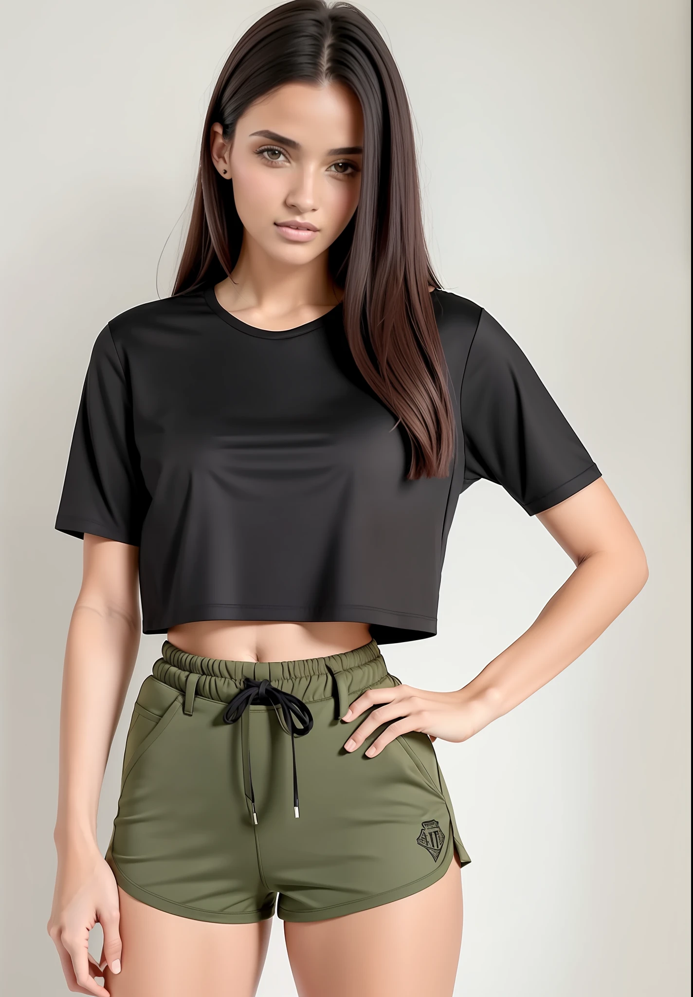 Uma mulher de top preto e shorts esportivo posando para uma foto, usando um top cropped justo, usando um top cropped justo, usando um top cropped sexy e justo, topo de corte, usando um topo de corte, usando topo de corte, com corte rasgado t - camisa, Topo de colheita, physical : tinyest midriff ever, tinyest midriff ever, vestindo shorts esportivo curto e camiseta justa