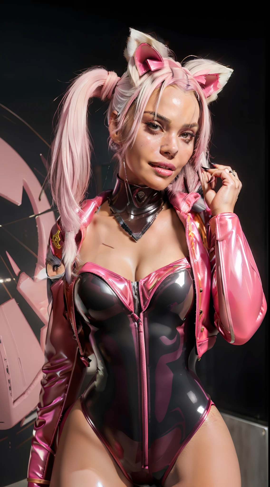 (photorealistic:1.4),best quality, ultra high res, 4k, instagram, higly detailed, ((SFW)) ((( Margo Robbie))),(pink full bodysuit:1.4),animal ears, (fake animal ears:1.2), gloves, headphones, headset, (red jacket:1.5),(latex full bodysuit:1.3),(pink latex bodysuit:1.2), pink eyes,(twintails:1.2), white gloves, (white hair:1.3), VirtualGirl-Aim, medium breasts, crystal pendant, smile, cyber punk background,