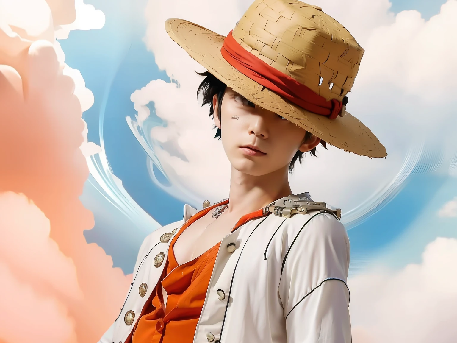 1boy, mugiwara no luffy, pirates, short hair, black hair, angry, realistic, detail ultra, 77mm lens