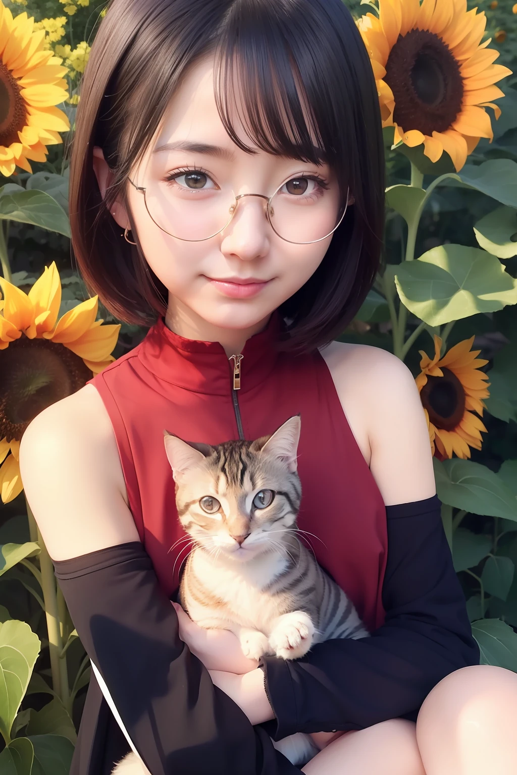 masterpiece, highest quality, best quality, 1girl, solo, looking at viewer, sunflower field, holding kitty,
uchiha sarada, bare shoulders, black eyes, black hair, blush, red framed glasses, short hair, forehead protector,