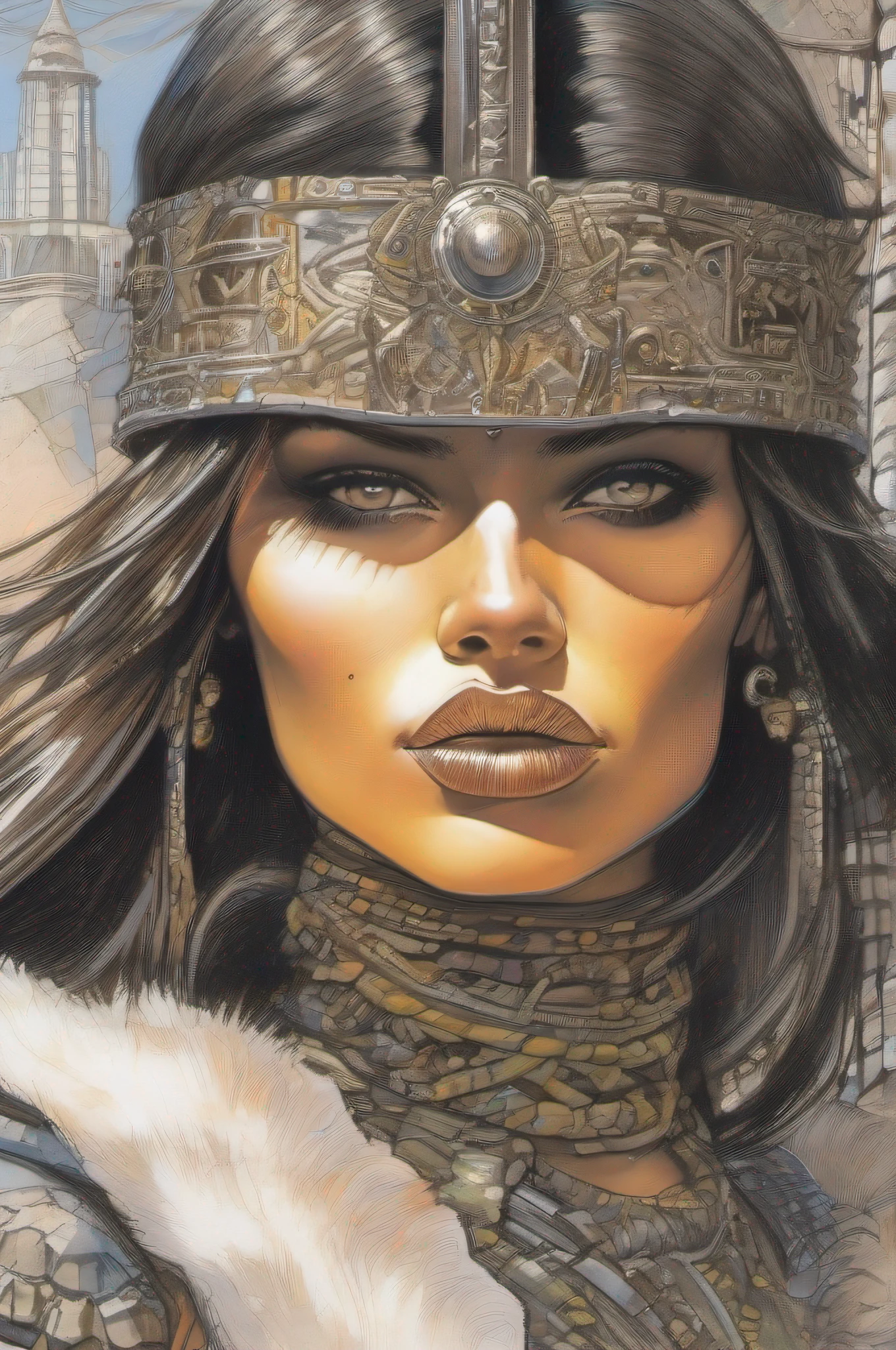 handdrawn comicbook portrait of princess Matoaka, post-apocalytic world, in the style of conan the barbarian, by Hajime Sorayama and Frank Frazetta, mad max