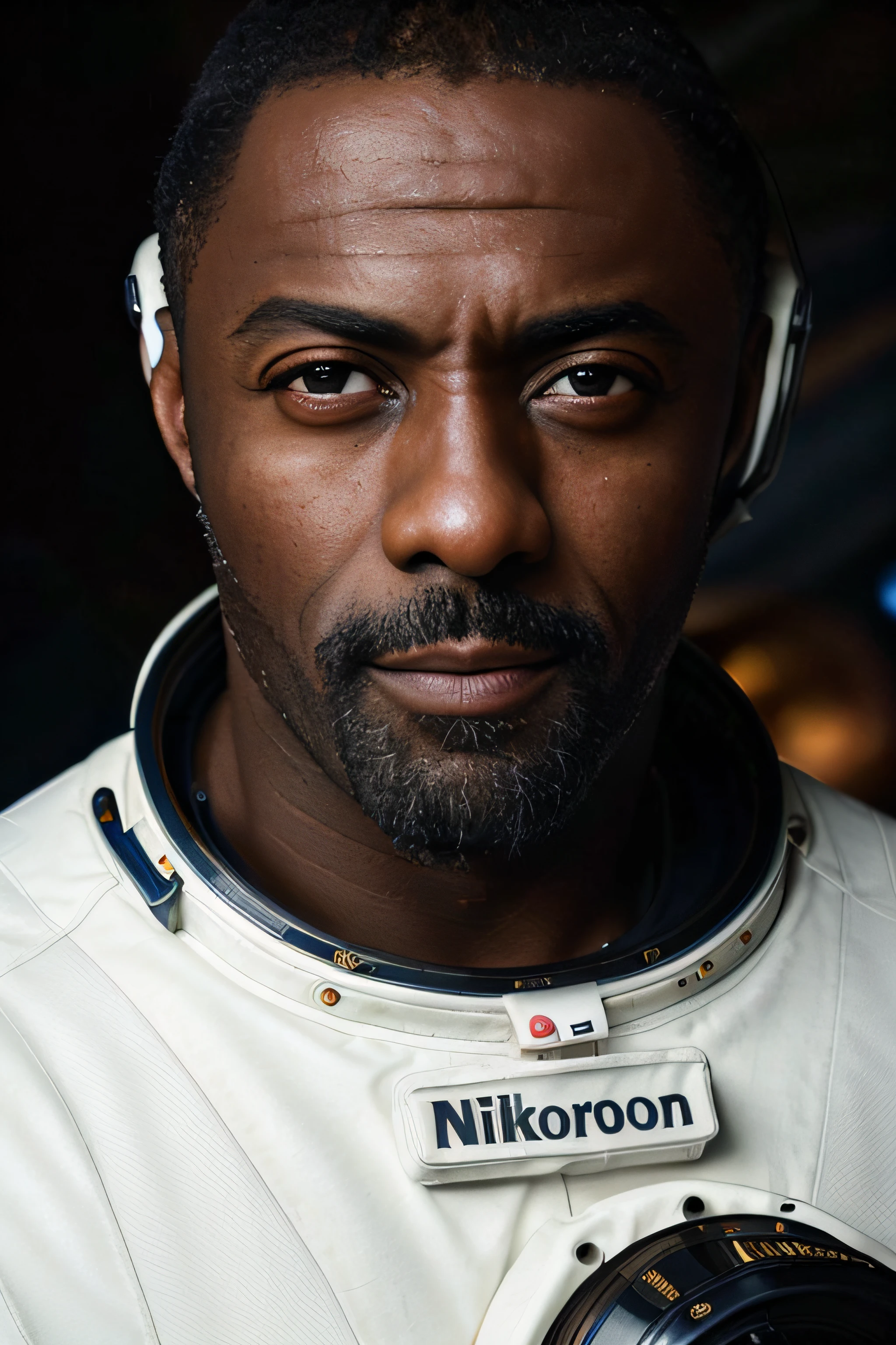 masterpiece, DSLR photo, analog style, nikon d5, real photo, a (medium shot:1.3) photo of idris elba wearing a spacesuit in space, dramatic lighting (85mm), (detailed facial features), (detailed shiny eyes), dynamic angle, jeremy mann, Ilya Kuvshinov style