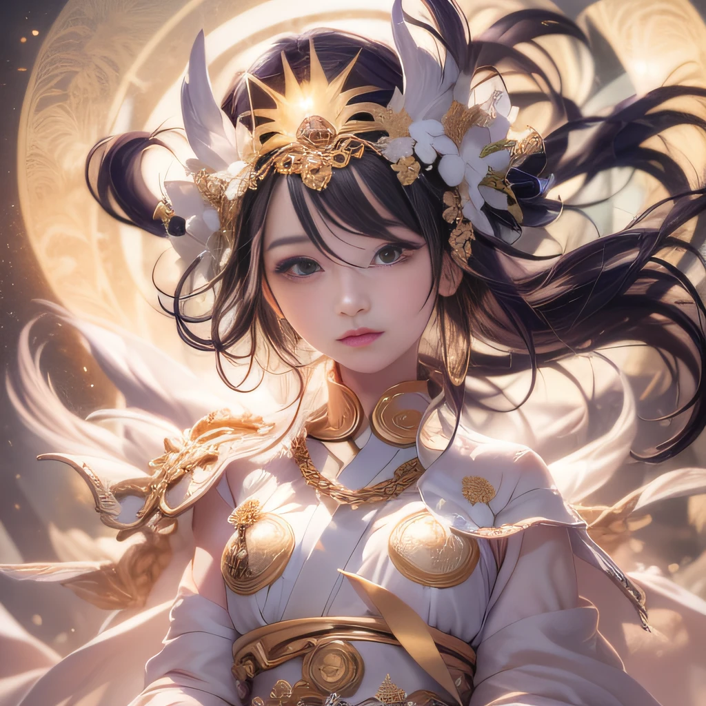 Beautiful fantastic empress shape woman on sun background,Female figure in white dress and crown,Depicting the figure of a beautiful Japan goddess, Black hair shining like the sun,(Amaterasu, sun goddess),the sailor galaxia. Beautiful,The image of the goddess of ancient Japan,Mythical photos on the theme of the sun goddess or the earth goddess,Onmyoji, goddess of lightning,Young Goddess,(small tits), sun goddess, Photoquality,A detailed face,A detailed face,Majestic Sun,Tsurime,Ears of rice in the ground,a beauty girl,