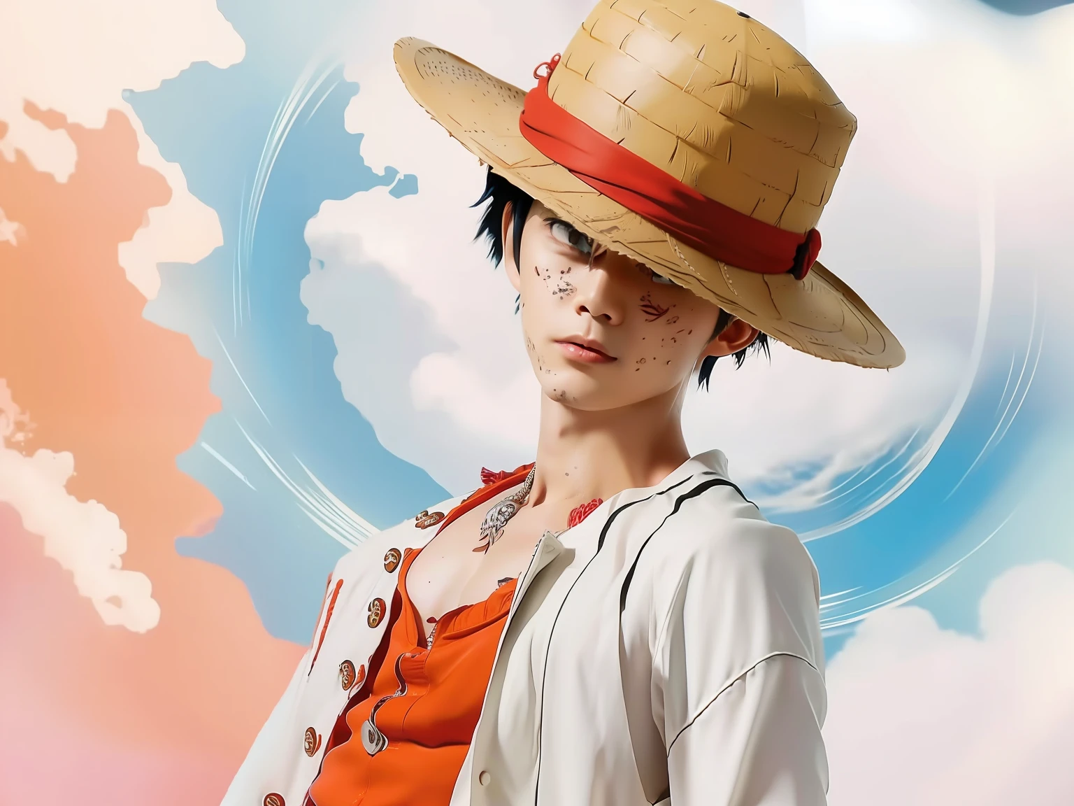 1boy, mugiwara no luffy, pirates, short hair, black hair, angry, realistic, detail ultra, 77mm lens