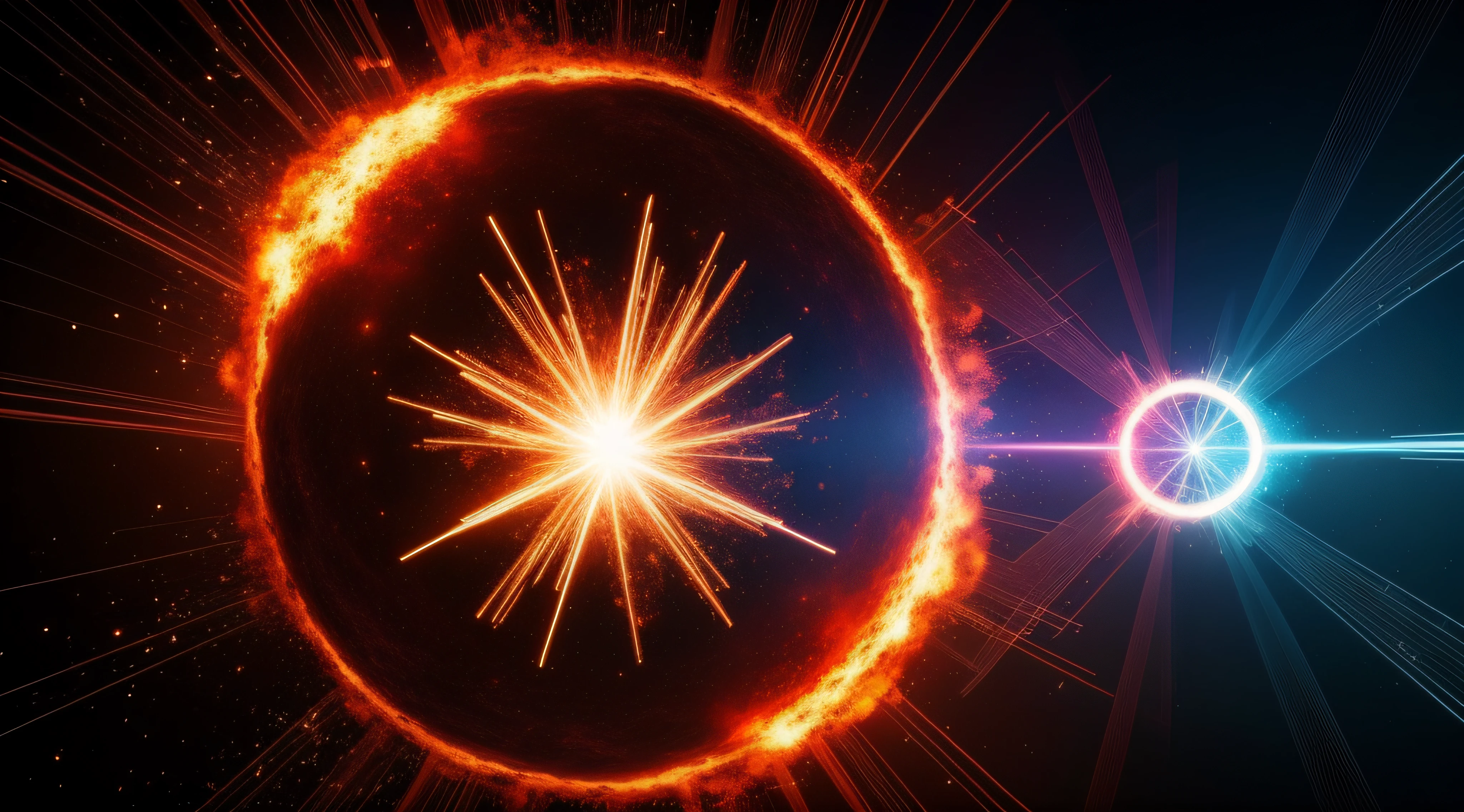 explosion between the contact of two subatomic particles, realista, 4k, efeitos luminosos, detalhado