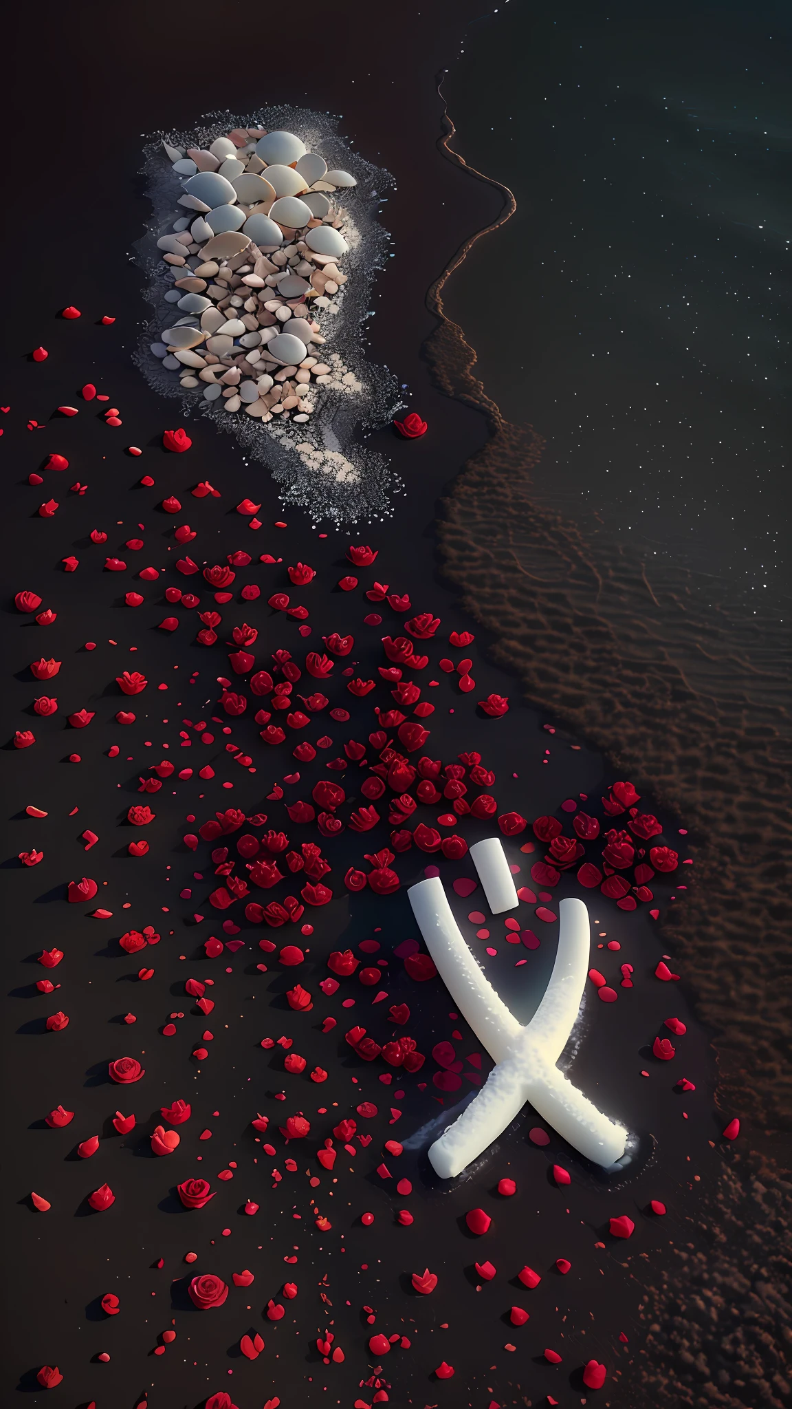 delicate scene,depth of field, 8K, The ivory sky,white clouds,and sunlight shine on the snow-white beach. The coral sea,and many colorful tinny shells on the beach,red roses, roses focus,