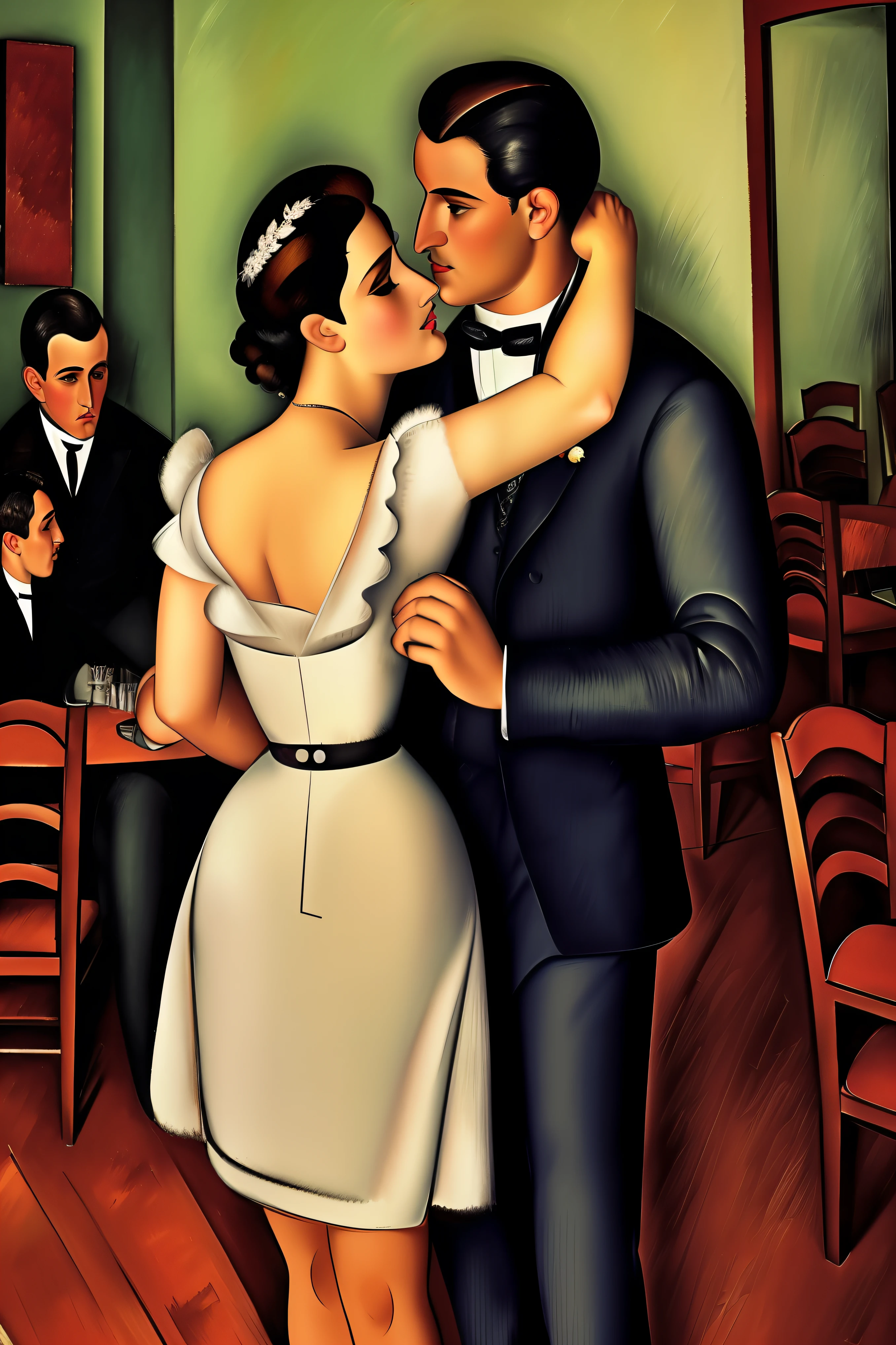 2 couples dancing in a Paris restaurant in the early 20th century, los invitados son ((characters from the works of Amedeo Modigliani seated according to the composition of the image to be generated , otros personajes de pie en el fondo o a los lados))cinematography lighting, ultra detallado, Pintura digital, Artstation, arte conceptual, Suave, foco nítido, illustration, (piel alta y detallada:1.2), 8k UHD, DSLR, Soft lighting, alta calidad, Film grain, Fujifilm XT3 mix4 Wildstyle RAW foto,