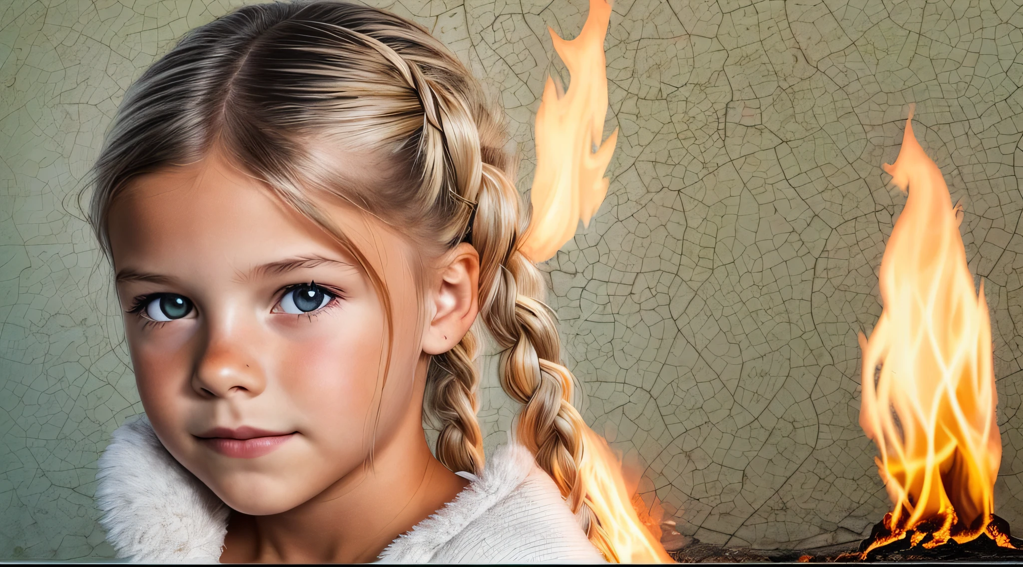 Melhor qualidade, obra-antes, ultra alto nada, fotorrealista, foto crua, Girl child ************, Russian blonde in braids, com roupa de jaqueta de couro vermelha, Estilo retrato, flames are glowing in the dark with a reflection of the fire, chamas de fogo, chamas no fundo, fogo e chamas.