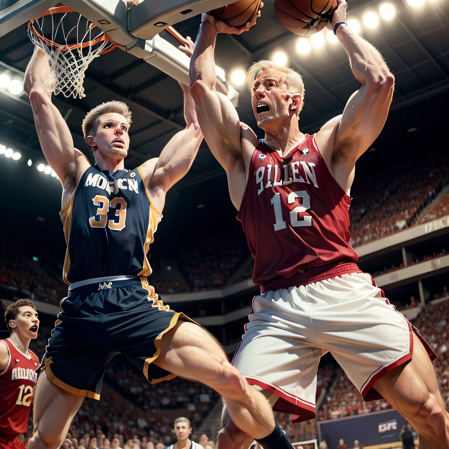 Muscle toned Joe Biden dunking a basketball over Ron Desantis