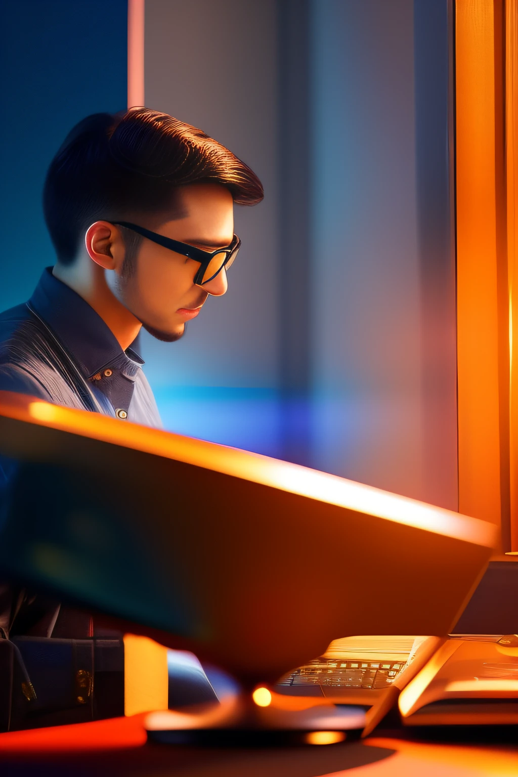 A psychologist readding, The psychologist is a young-aged man with black hair and glasses, He is wearing a gray shirt and black pants, The psychologist is focused on his task, realistic, 8k, Cinematic lighting, Unreal Engine 5, Cinematic, Color Grading, Editorial Photography, Photography, Photoshoot, Shot on 70mm lense, Depth of Field, DOF, Tilt Blur, Shutter Speed 1/1000, F/22, White Balance, 32k, Super-Resolution, Megapixel, ProPhoto RGB, VR, tall, epic, artgerm, alex ross, Halfrear Lighting, Backlight, Natural Lighting, Incandescent, Optical Fiber, Moody Lighting, Cinematic Lighting, Studio Lighting, Soft Lighting, Volumetric, Contre-Jour, dark Lighting, Accent Lighting, Global Illumination, Screen Space Global Illumination, Ray Tracing Global Illumination, Red Rim light, cool color grading 45%, Optics, Scattering, Glowing, Shadows, Rough, Shimmering, Ray Tracing Reflections, Lumen Reflections, Screen Space Reflections, Diffraction Grading, Chromatic Aberration, GB Displacement, Scan Lines, Ray Traced, Ray Tracing Ambient Occlusion, Anti-Aliasing, FKAA, TXAA, RTX, SSAO, Shaders, OpenGL-Shaders, GLSL-Shaders, Post Processing, Post-Production, Cel Shading, Tone Mapping, CGI, VFX, SFX, insanely detailed and intricate, hypermaximalist, elegant, hyper realistic, super detailed, dynamic pose, centered, photography.